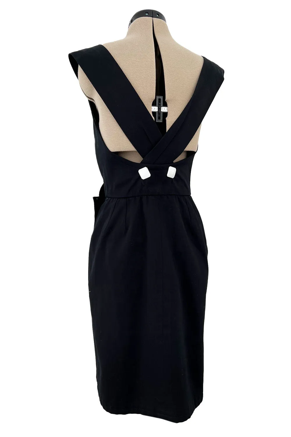 Gorgeous 1990s Yves Saint Laurent Black Cotton Wrap Dress w White Faceted Square Buttons