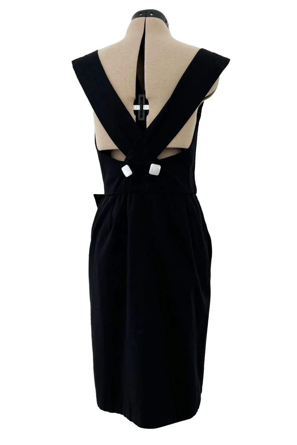 Gorgeous 1990s Yves Saint Laurent Black Cotton Wrap Dress w White Faceted Square Buttons