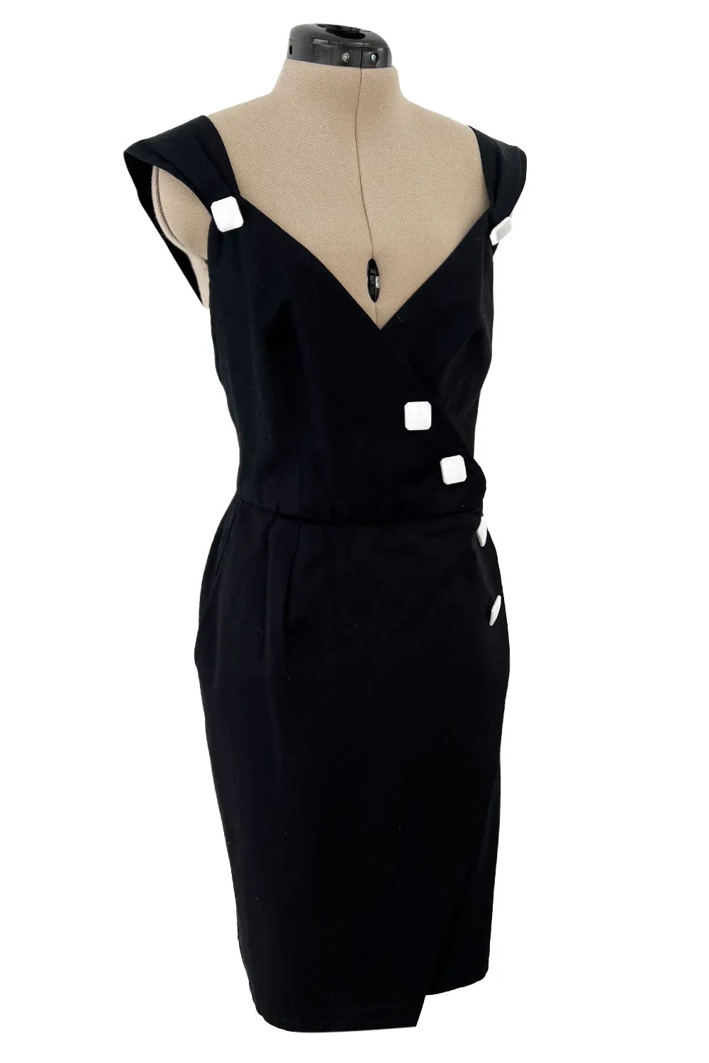 Gorgeous 1990s Yves Saint Laurent Black Cotton Wrap Dress w White Faceted Square Buttons