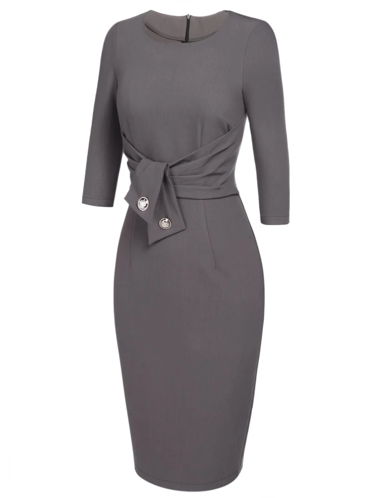 Gray 1960s Belt Solid Pencil Dress