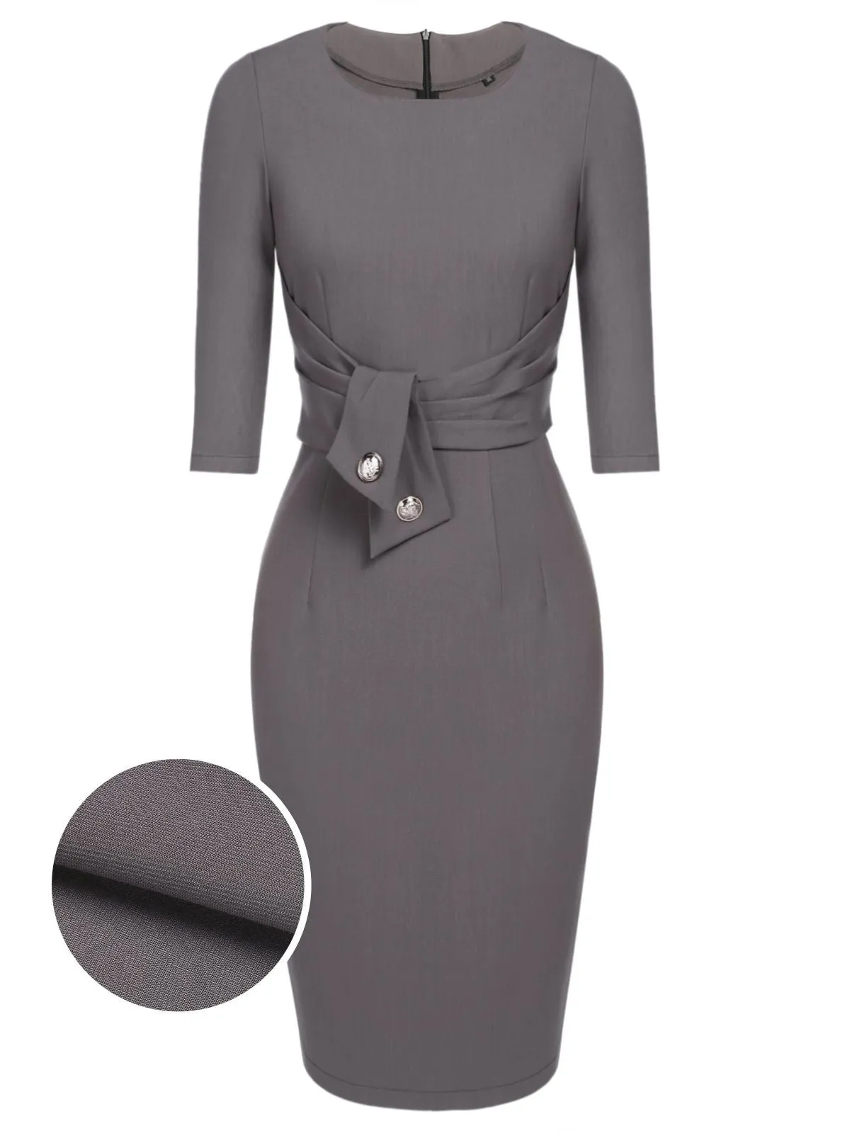 Gray 1960s Belt Solid Pencil Dress