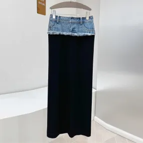 Hit Coloe Skirts For Women High Waist Patchwork Pocket Casual Loose Splcied Denim Skirt Female Fashion Clothing