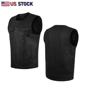 HL11639SPT Collarless Leather Vest Motorcycle Biker Club Concealed Carry Outlaws