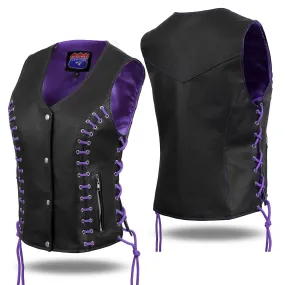 HL14859PURPLEEYELET WOMEN SIDE LACE VEST  M/O BUFFALO LEATHER PURPLE/BLK