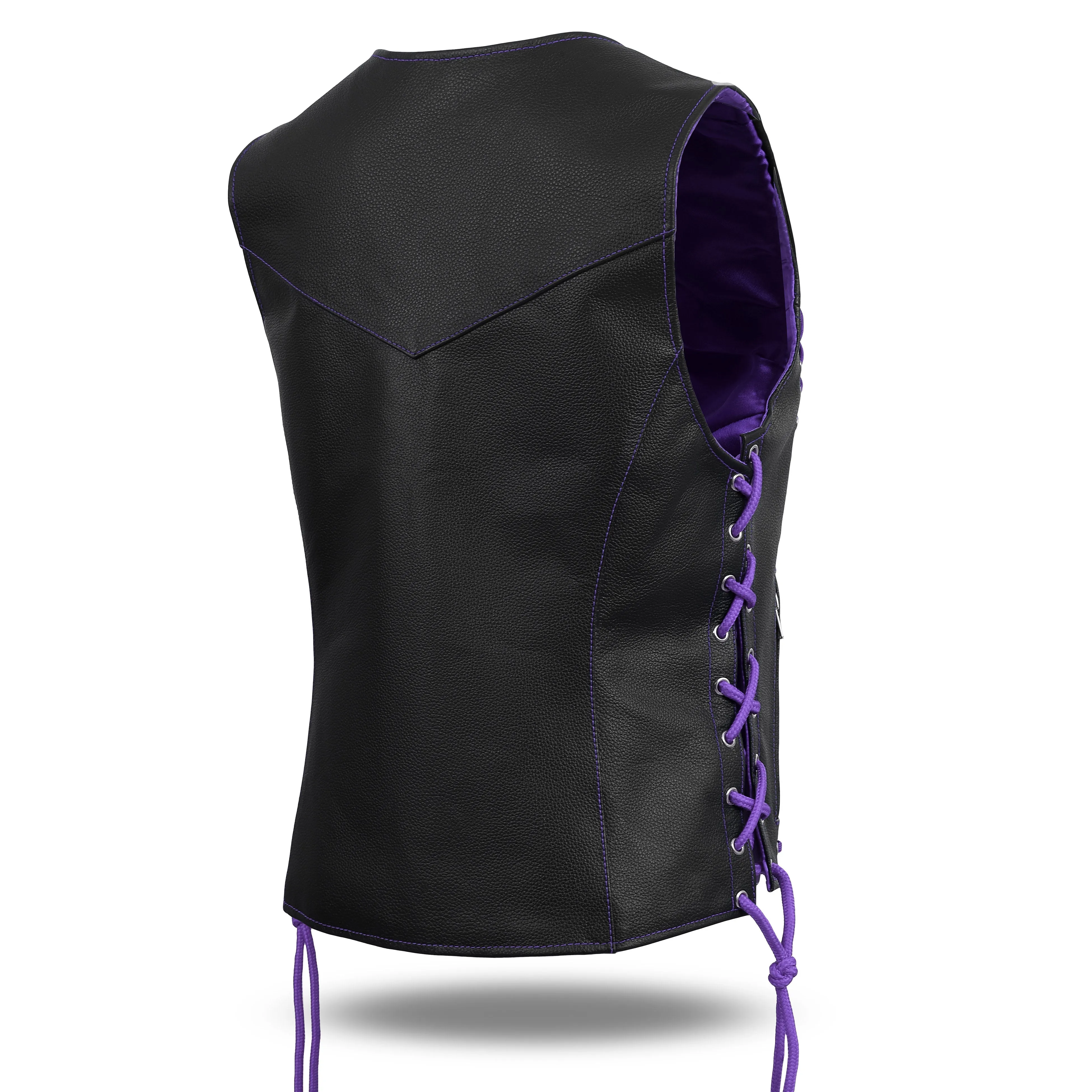 HL14859PURPLEEYELET WOMEN SIDE LACE VEST  M/O BUFFALO LEATHER PURPLE/BLK