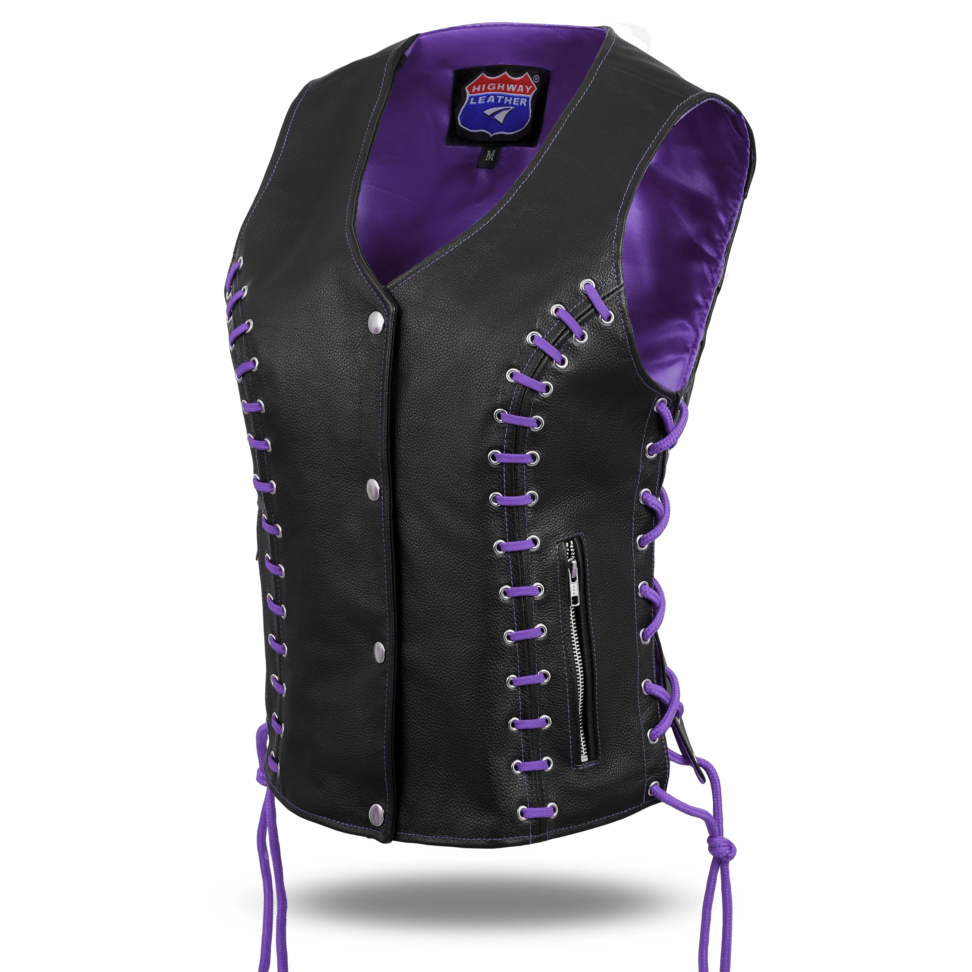 HL14859PURPLEEYELET WOMEN SIDE LACE VEST  M/O BUFFALO LEATHER PURPLE/BLK