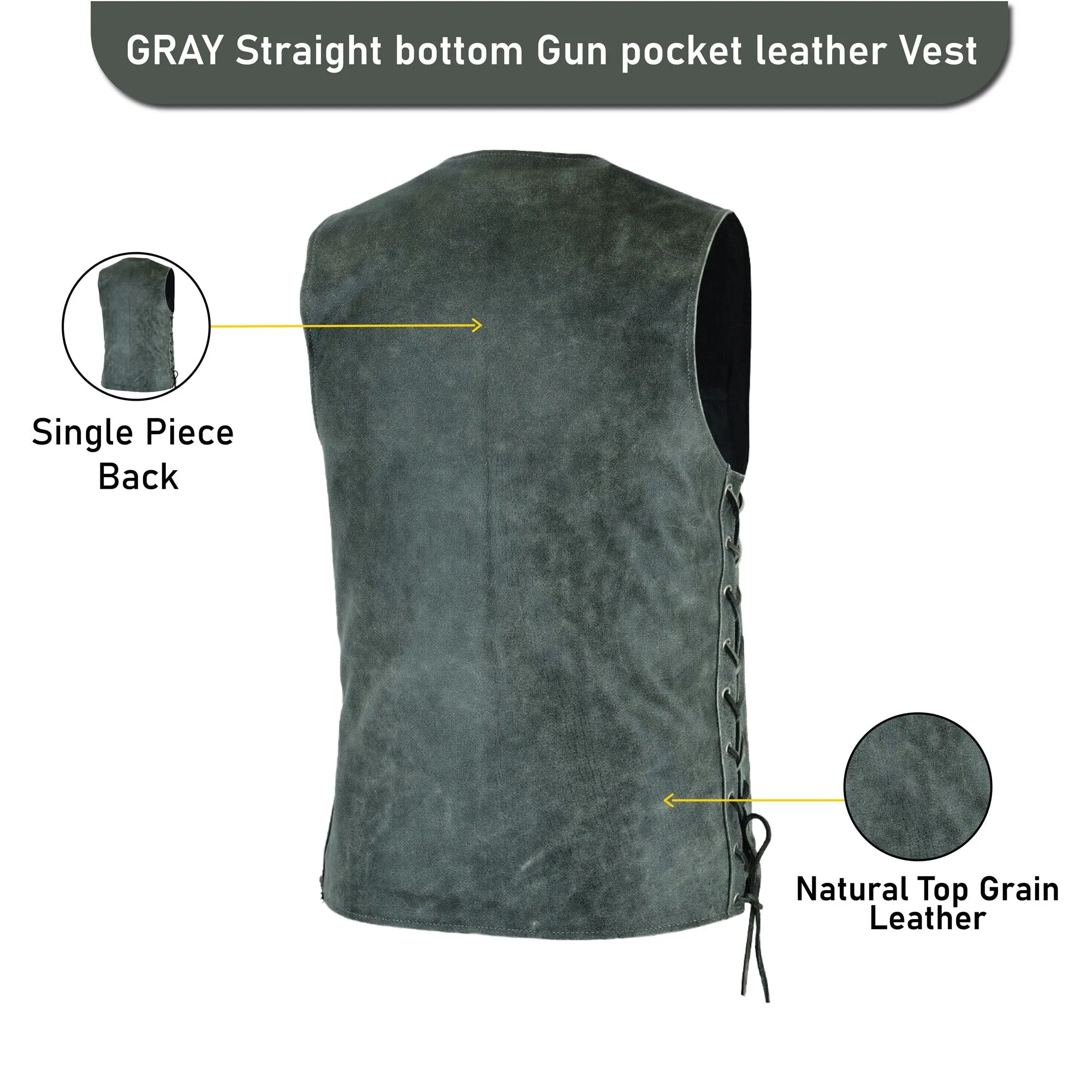 HL2611Grey Straight bottom Gray Gun pocket Leather Vest