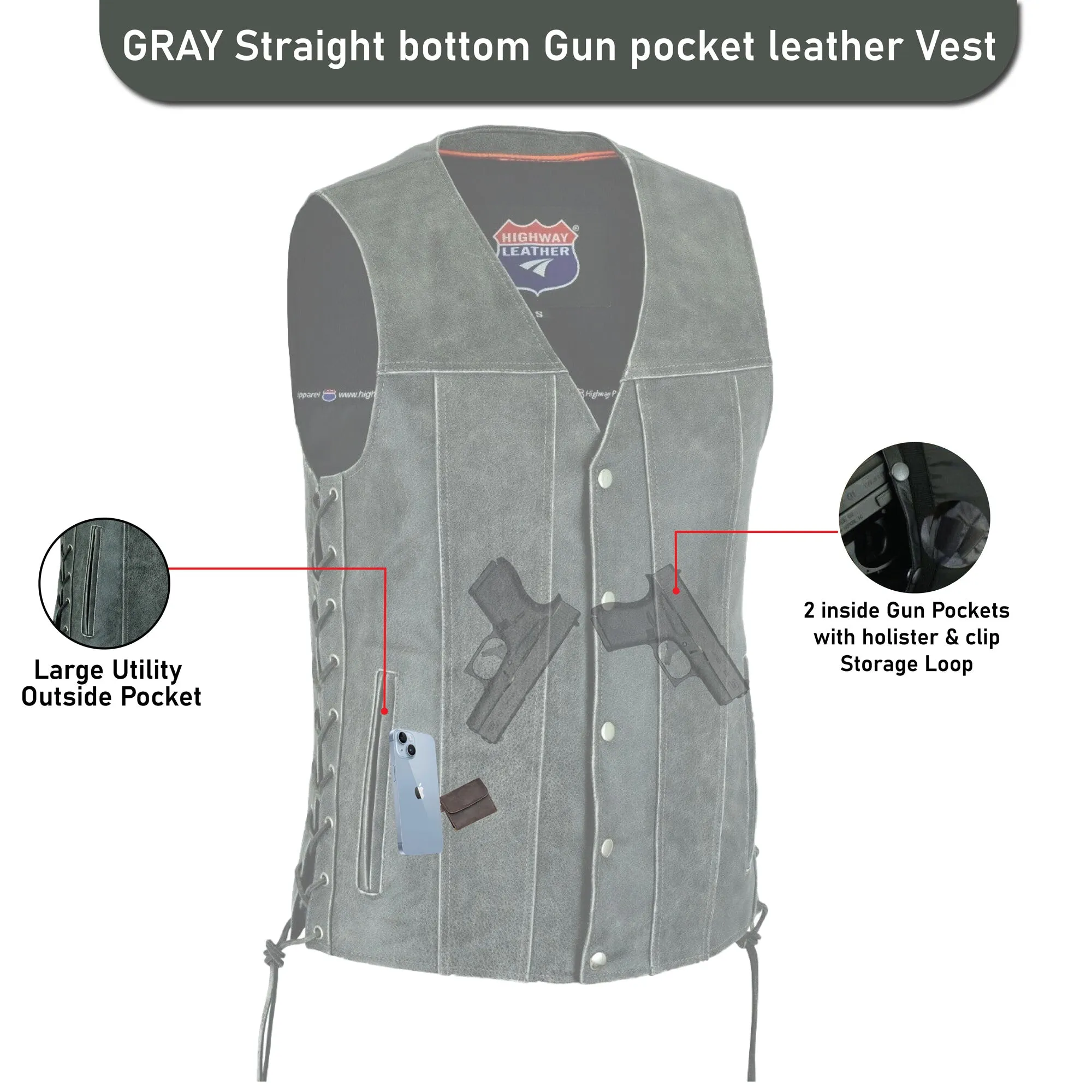 HL2611Grey Straight bottom Gray Gun pocket Leather Vest