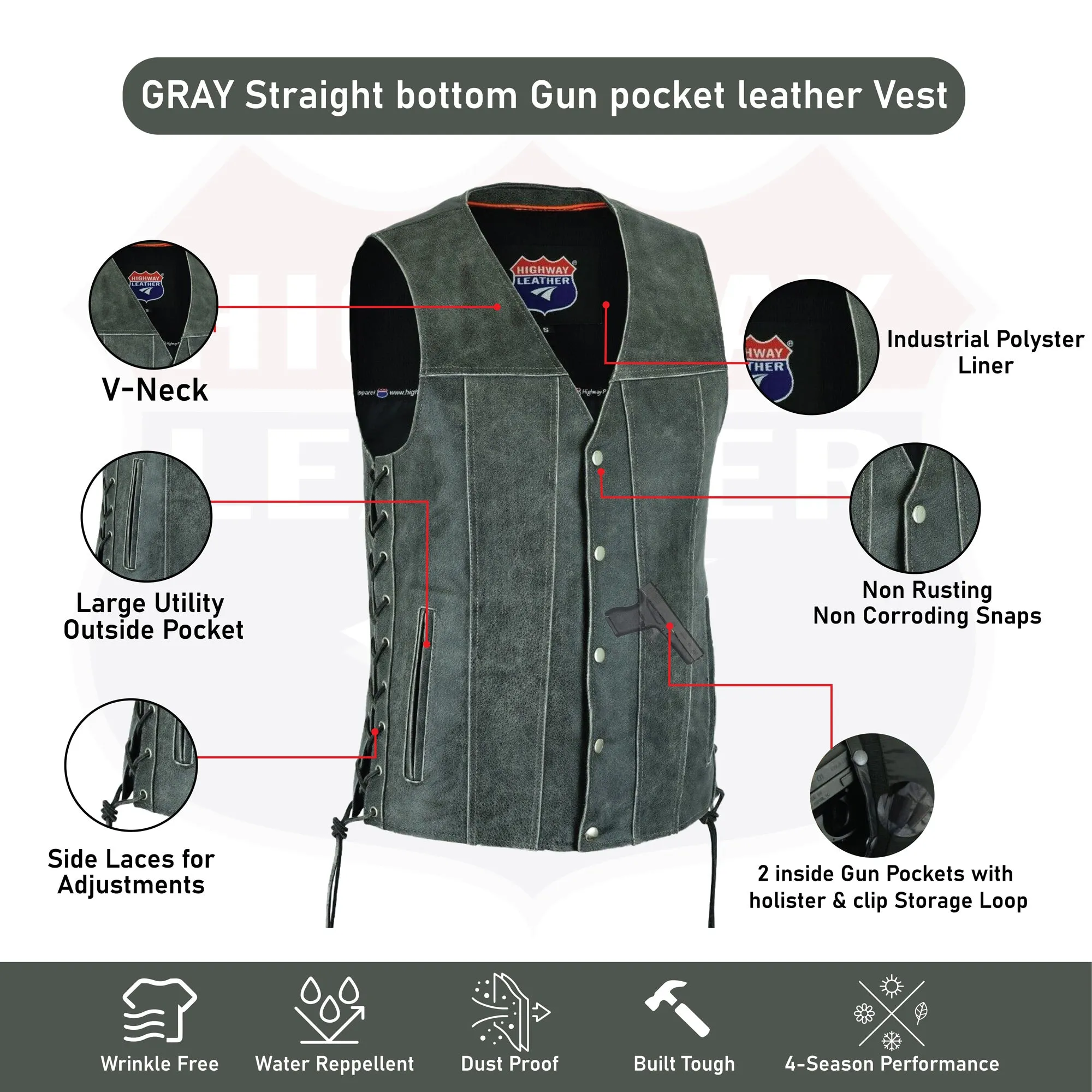 HL2611Grey Straight bottom Gray Gun pocket Leather Vest