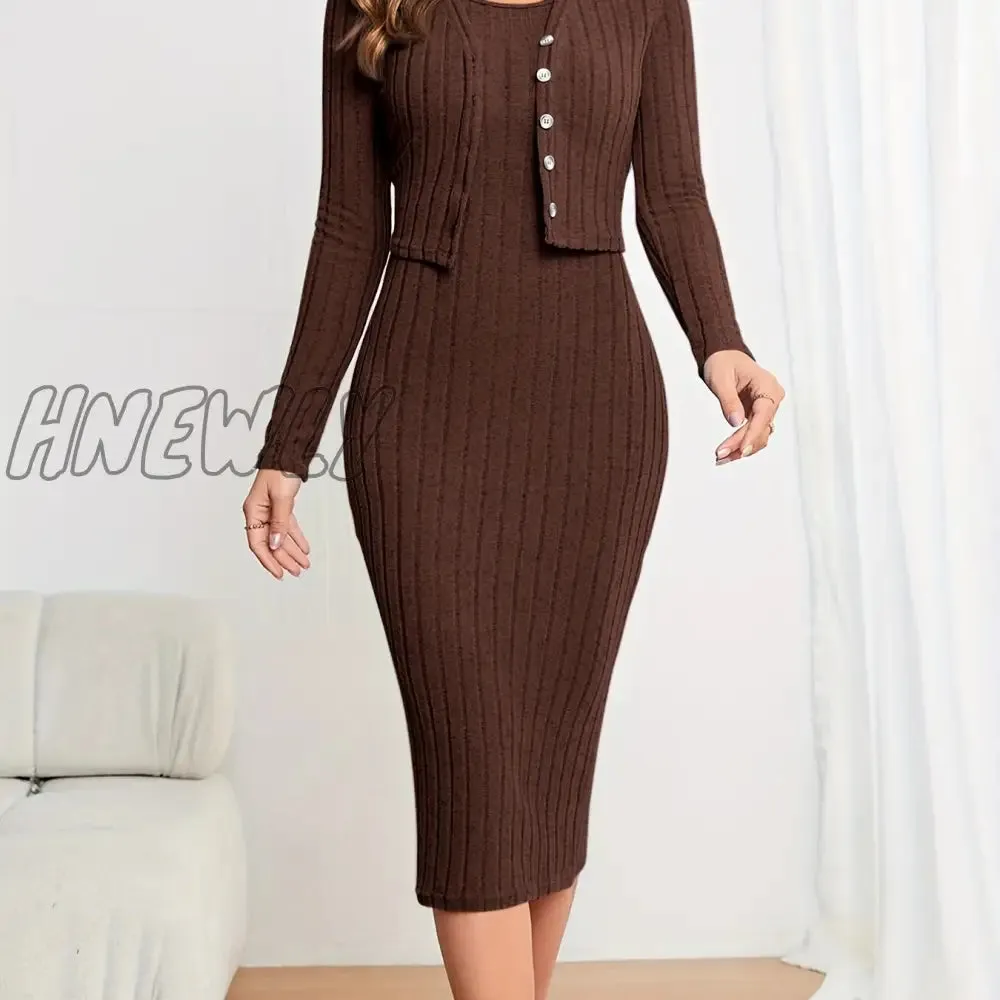 Hnewly Solid Ribbed Two-piece Set, Button Front Long Sleeve Cardigan & Sleeveless Bodycon Dress Outfits, Women's Clothing