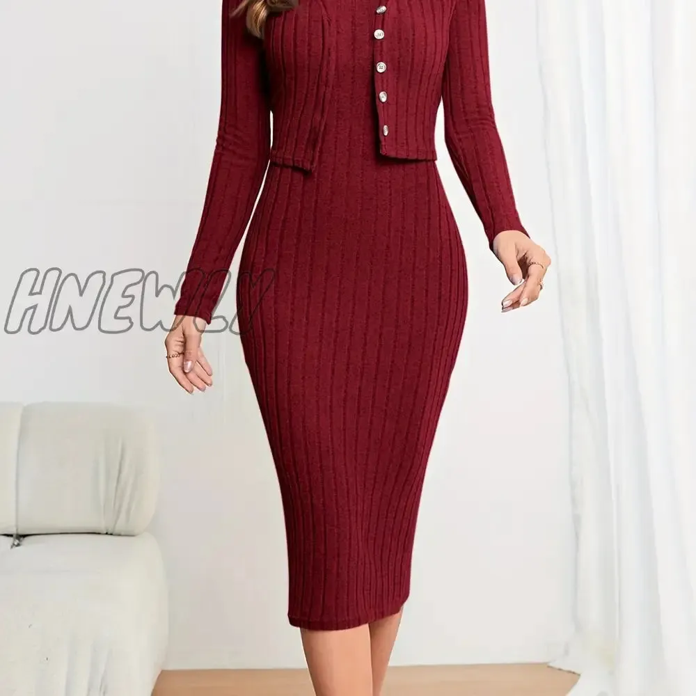 Hnewly Solid Ribbed Two-piece Set, Button Front Long Sleeve Cardigan & Sleeveless Bodycon Dress Outfits, Women's Clothing