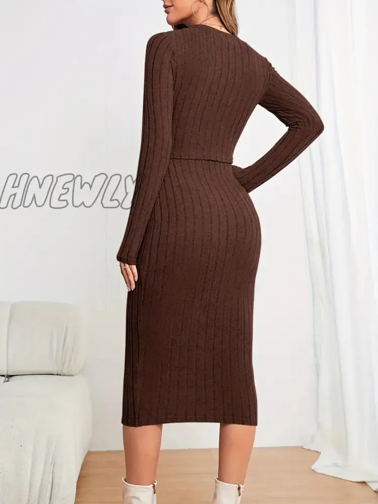 Hnewly Solid Ribbed Two-piece Set, Button Front Long Sleeve Cardigan & Sleeveless Bodycon Dress Outfits, Women's Clothing