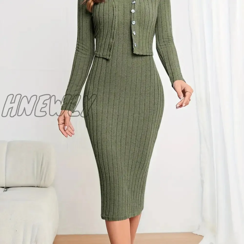 Hnewly Solid Ribbed Two-piece Set, Button Front Long Sleeve Cardigan & Sleeveless Bodycon Dress Outfits, Women's Clothing