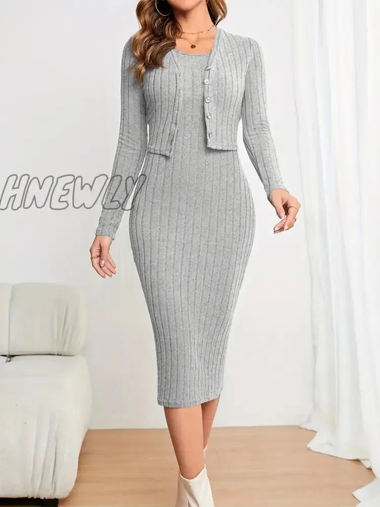 Hnewly Solid Ribbed Two-piece Set, Button Front Long Sleeve Cardigan & Sleeveless Bodycon Dress Outfits, Women's Clothing