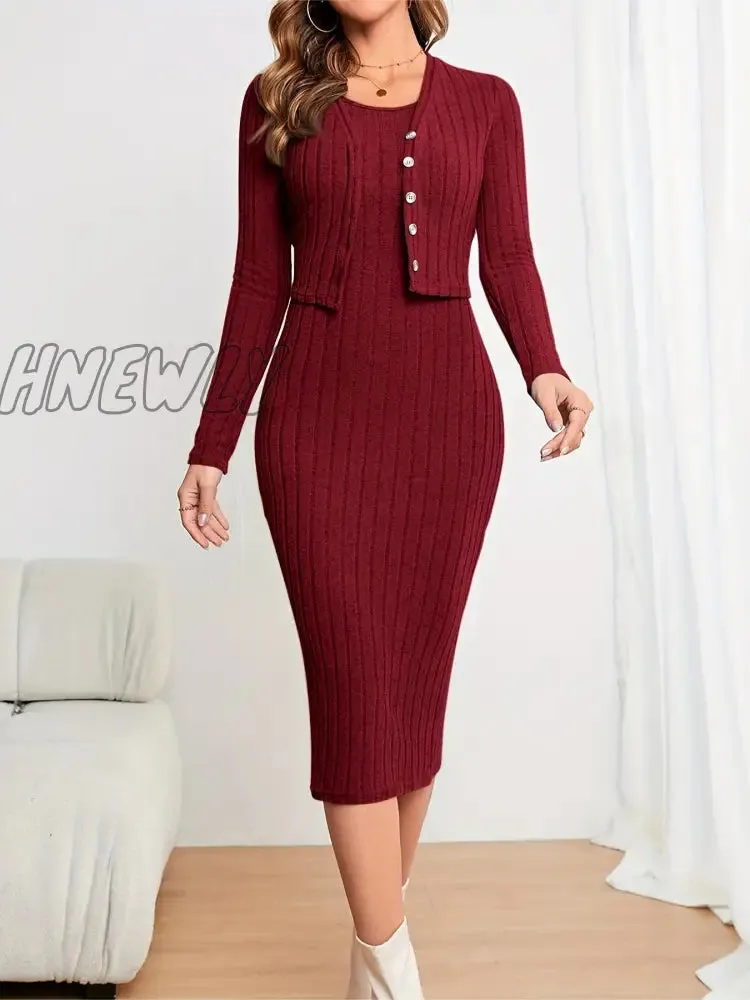 Hnewly Solid Ribbed Two-piece Set, Button Front Long Sleeve Cardigan & Sleeveless Bodycon Dress Outfits, Women's Clothing