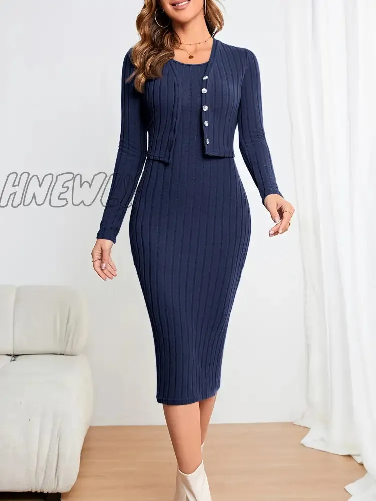 Hnewly Solid Ribbed Two-piece Set, Button Front Long Sleeve Cardigan & Sleeveless Bodycon Dress Outfits, Women's Clothing