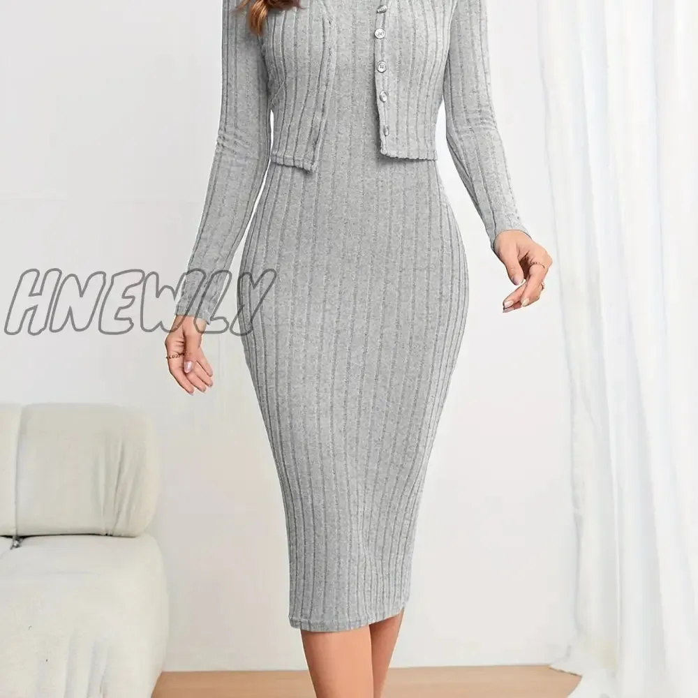 Hnewly Solid Ribbed Two-piece Set, Button Front Long Sleeve Cardigan & Sleeveless Bodycon Dress Outfits, Women's Clothing