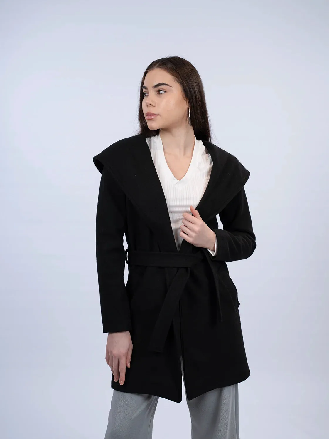 Hooded Wrap Black Short Coat