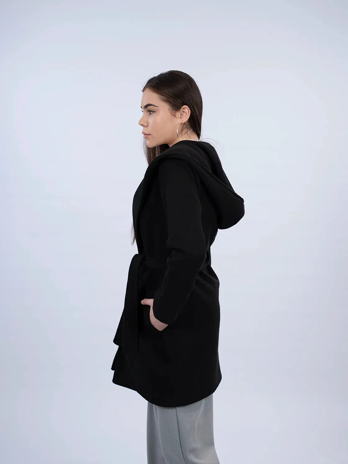 Hooded Wrap Black Short Coat