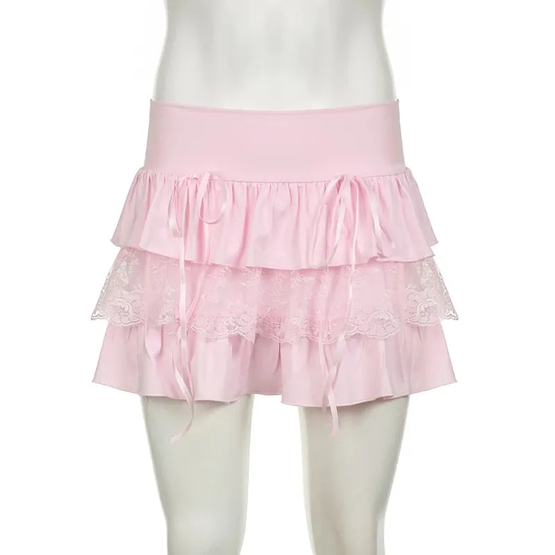 Hotsweet Pink Summer Cake Mini Skirt Tierred Lace Trim Folds Korean Fashion Girls Skirts Y2K Coquette Clothes Kawaii