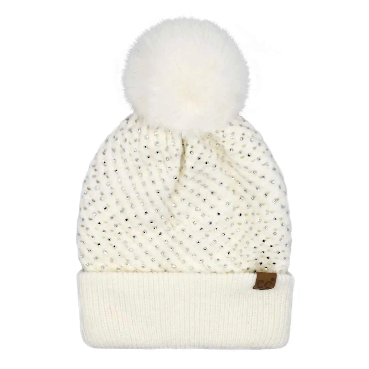 HTE0101 Rhinestone All Over Pom Beanie