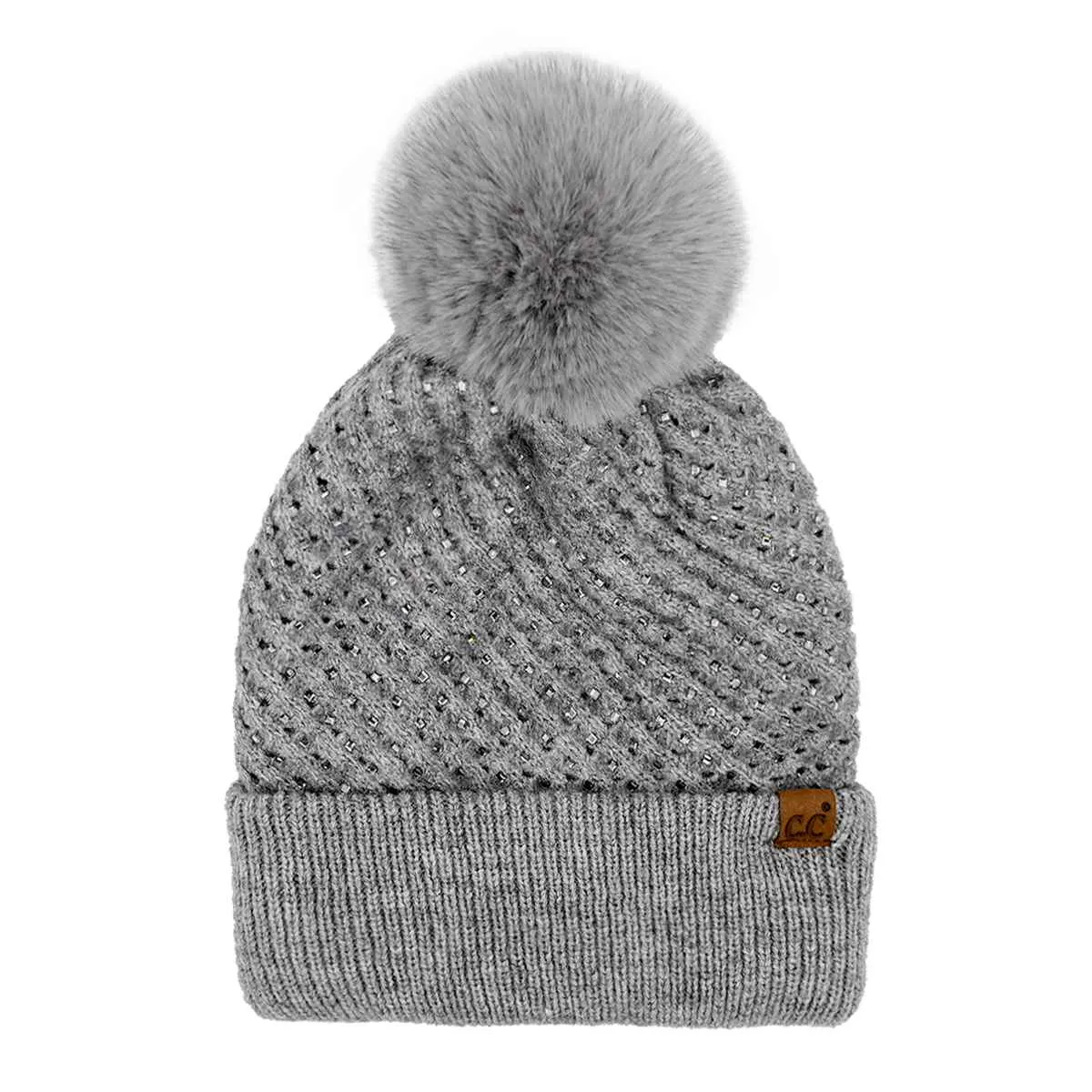 HTE0101 Rhinestone All Over Pom Beanie