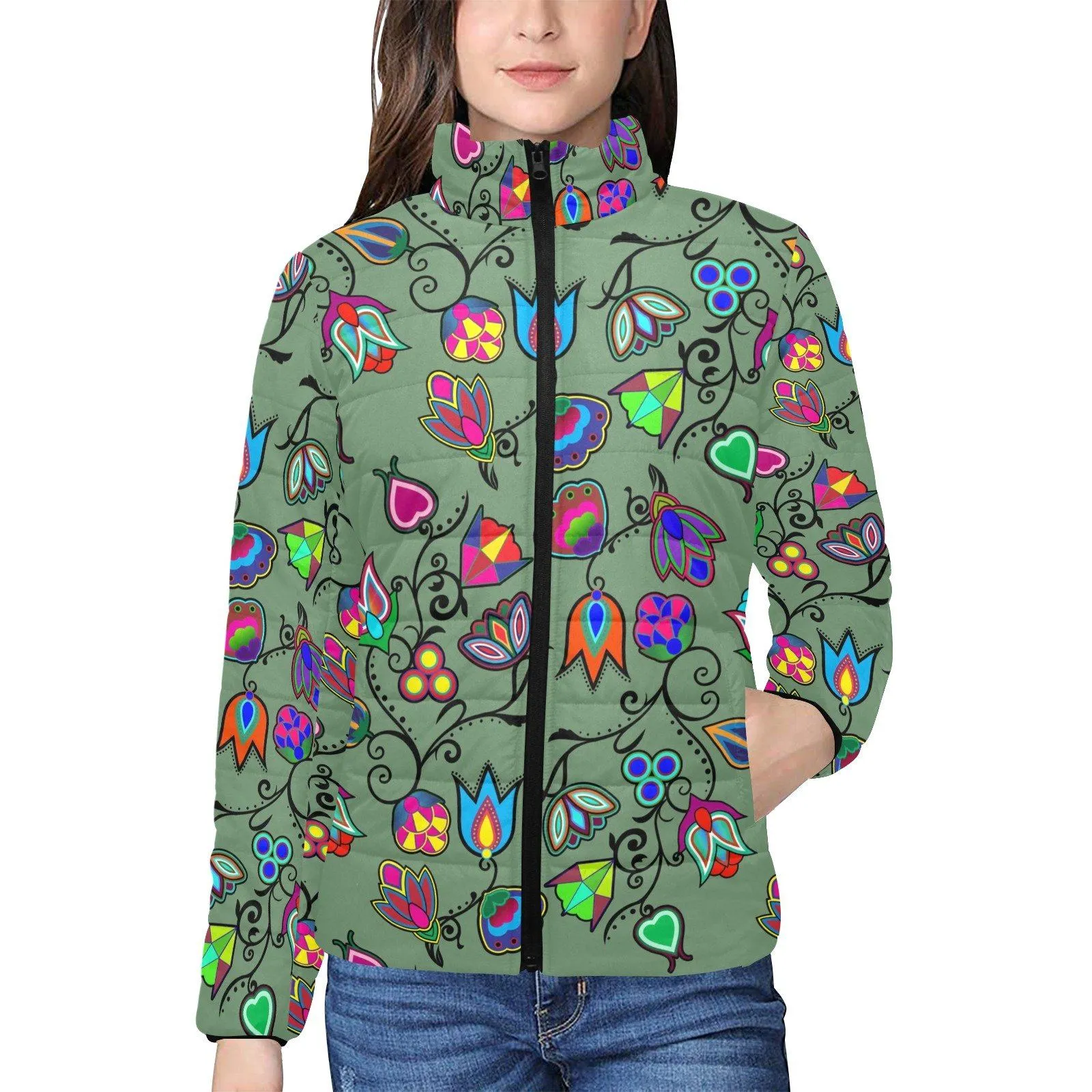 Indigenous Paisley Dark Sea Women's Stand Collar Padded Jacket