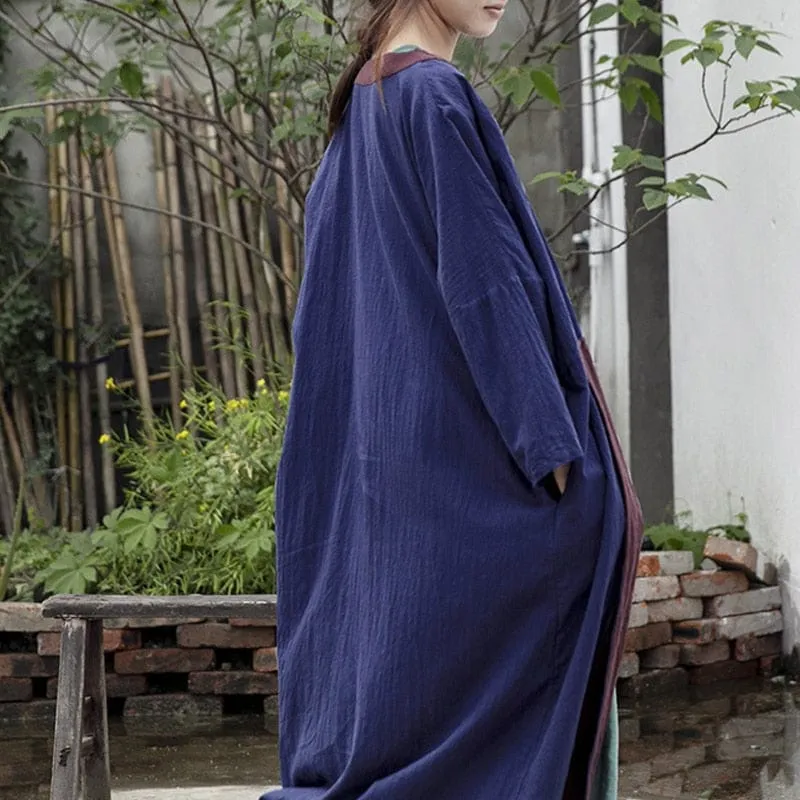 Inner Peace Cotton Linen Long Navy Cardigan | Lotus