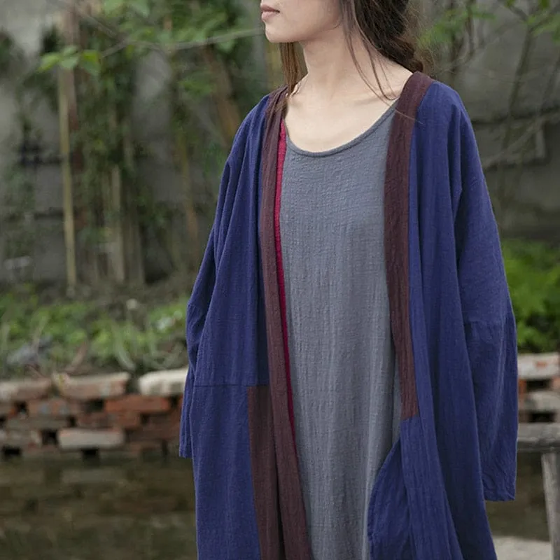 Inner Peace Cotton Linen Long Navy Cardigan | Lotus