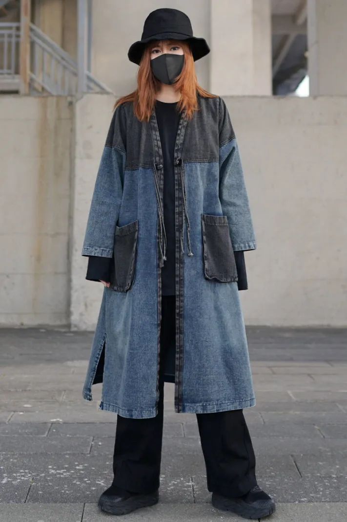 Japanese Retro Washed Blue Denim Trench Coat Stitched Sleeves Over-the-Knee Long Loose Cardigan Jacket Spring and Autumn Thin Style