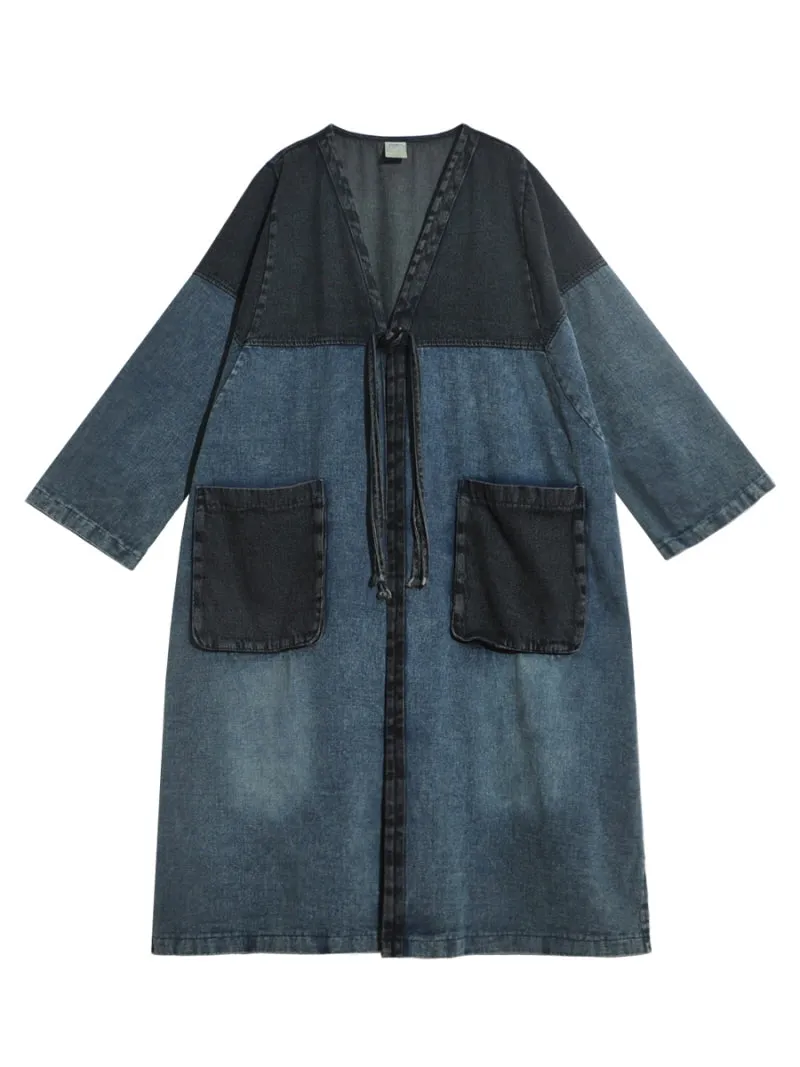 Japanese Retro Washed Blue Denim Trench Coat Stitched Sleeves Over-the-Knee Long Loose Cardigan Jacket Spring and Autumn Thin Style