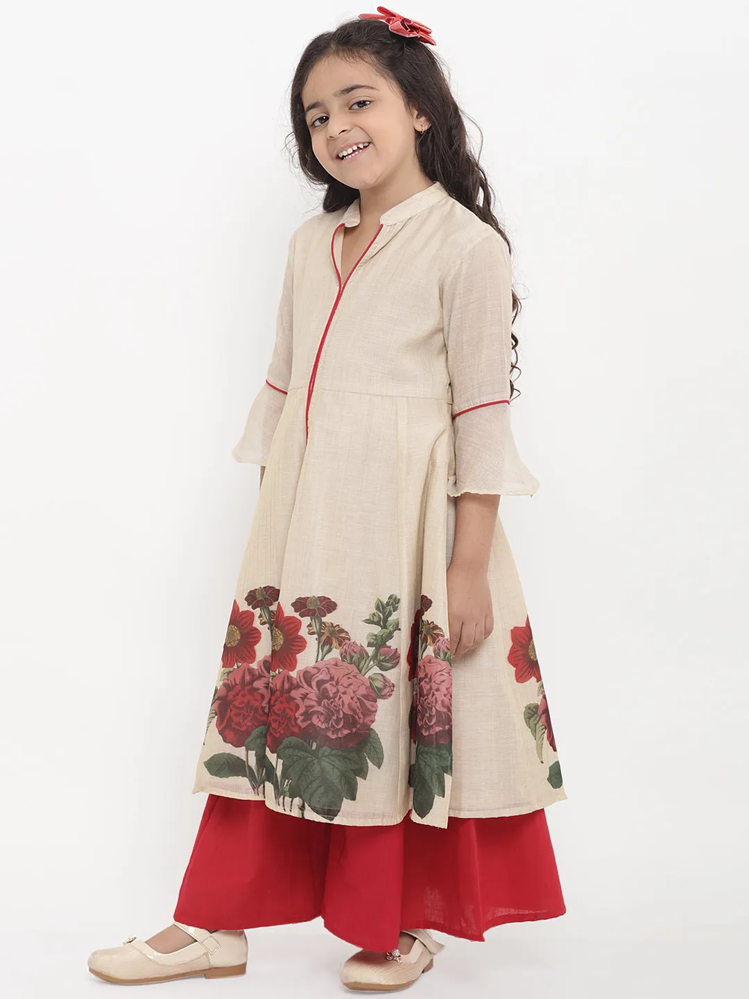 Jashvi Girls Beige Flower Printed Kurta With Red Palazzos