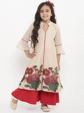 Jashvi Girls Beige Flower Printed Kurta With Red Palazzos