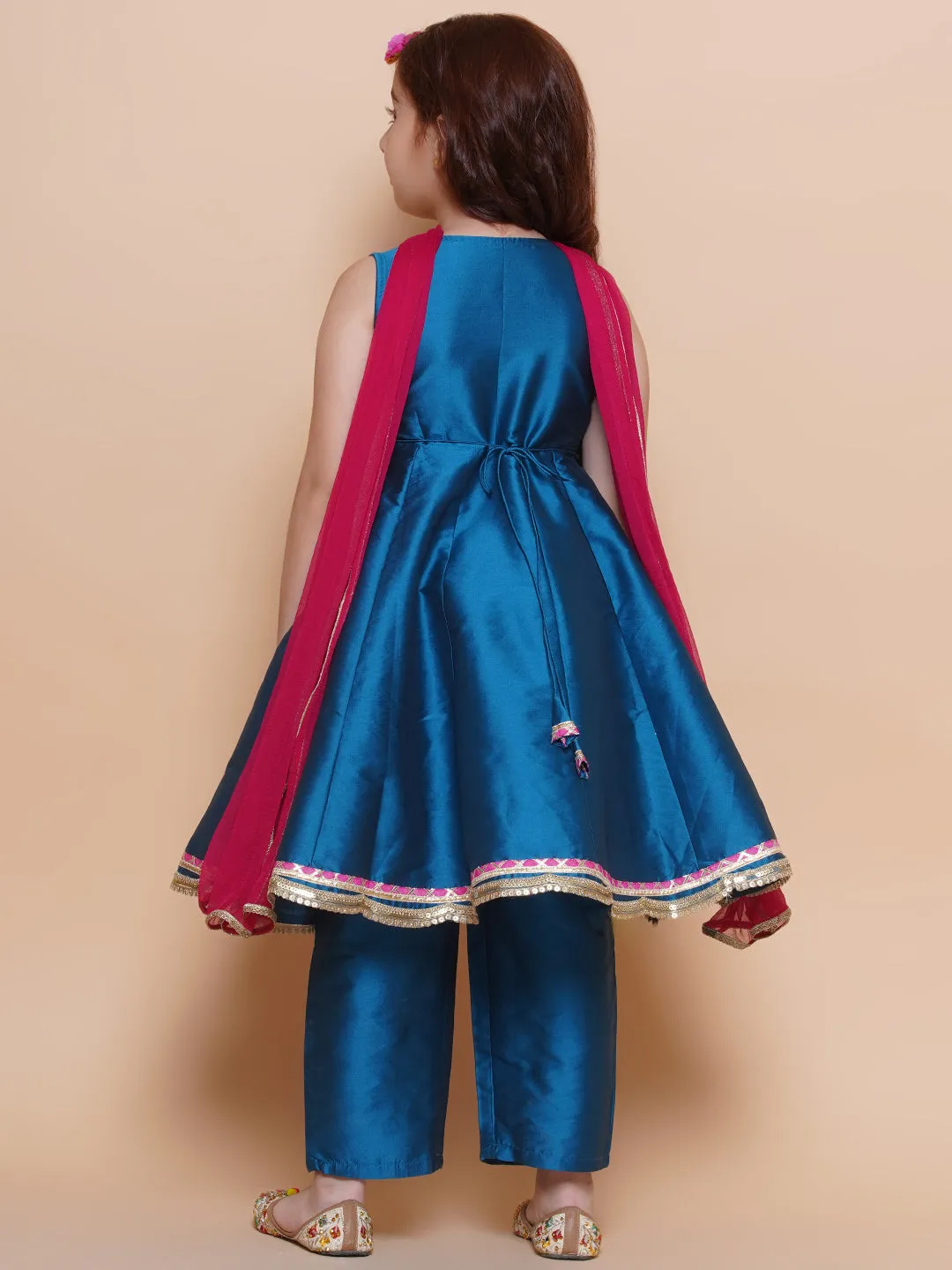 Jashvi Girls Blue Embroidered Angrakha Kurta with Trousers set With Dupatta