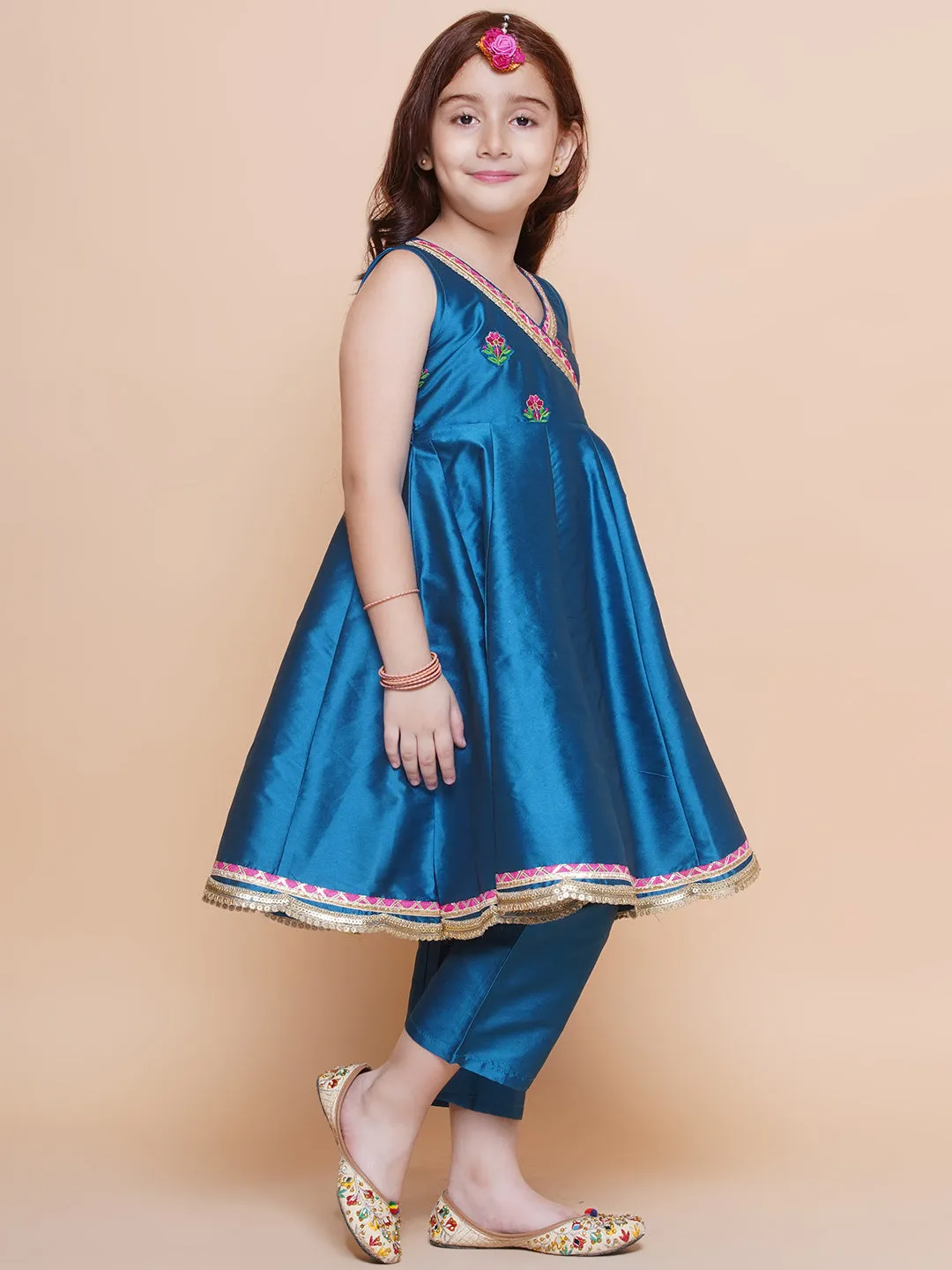 Jashvi Girls Blue Embroidered Angrakha Kurta with Trousers set With Dupatta