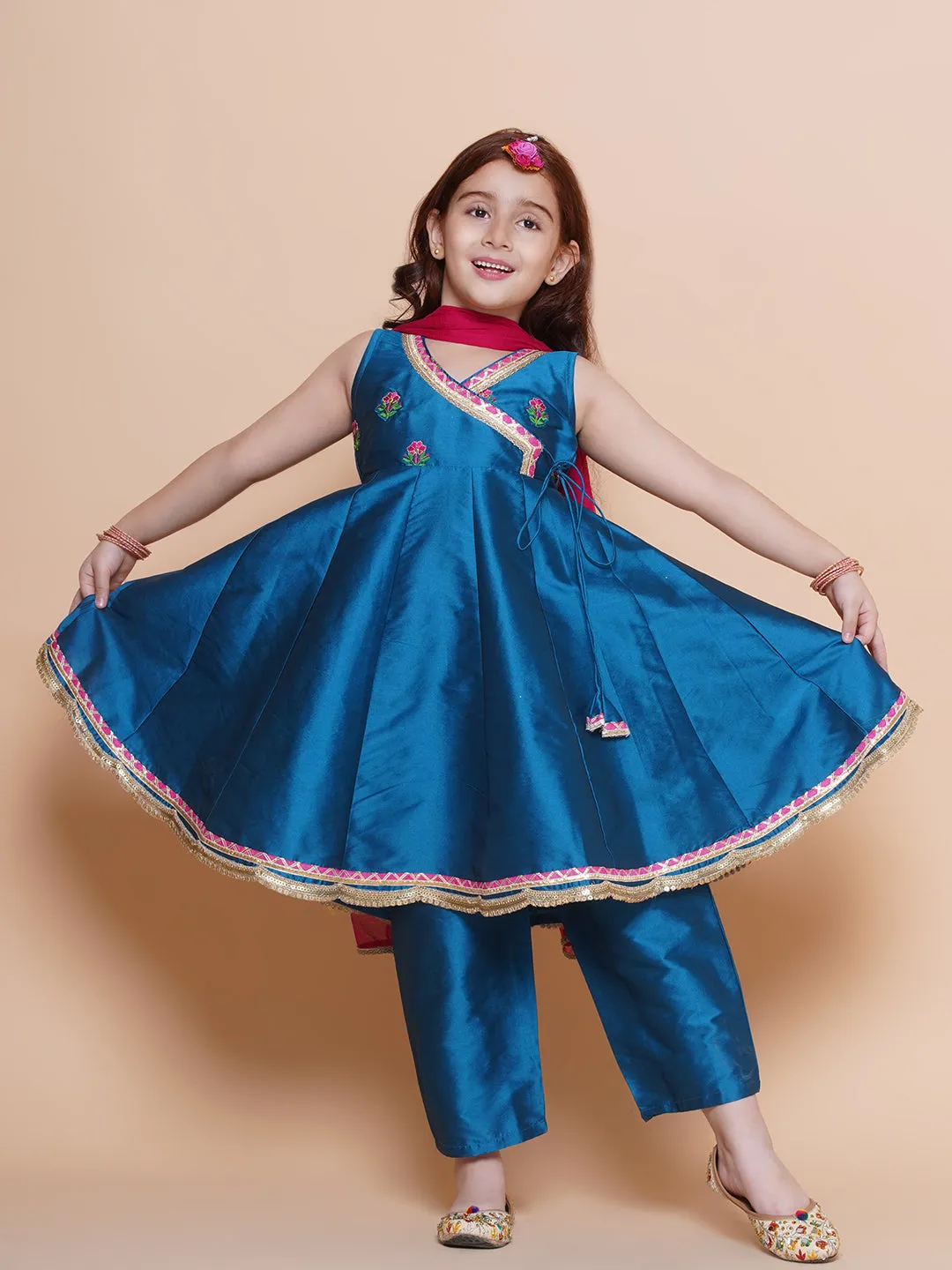 Jashvi Girls Blue Embroidered Angrakha Kurta with Trousers set With Dupatta