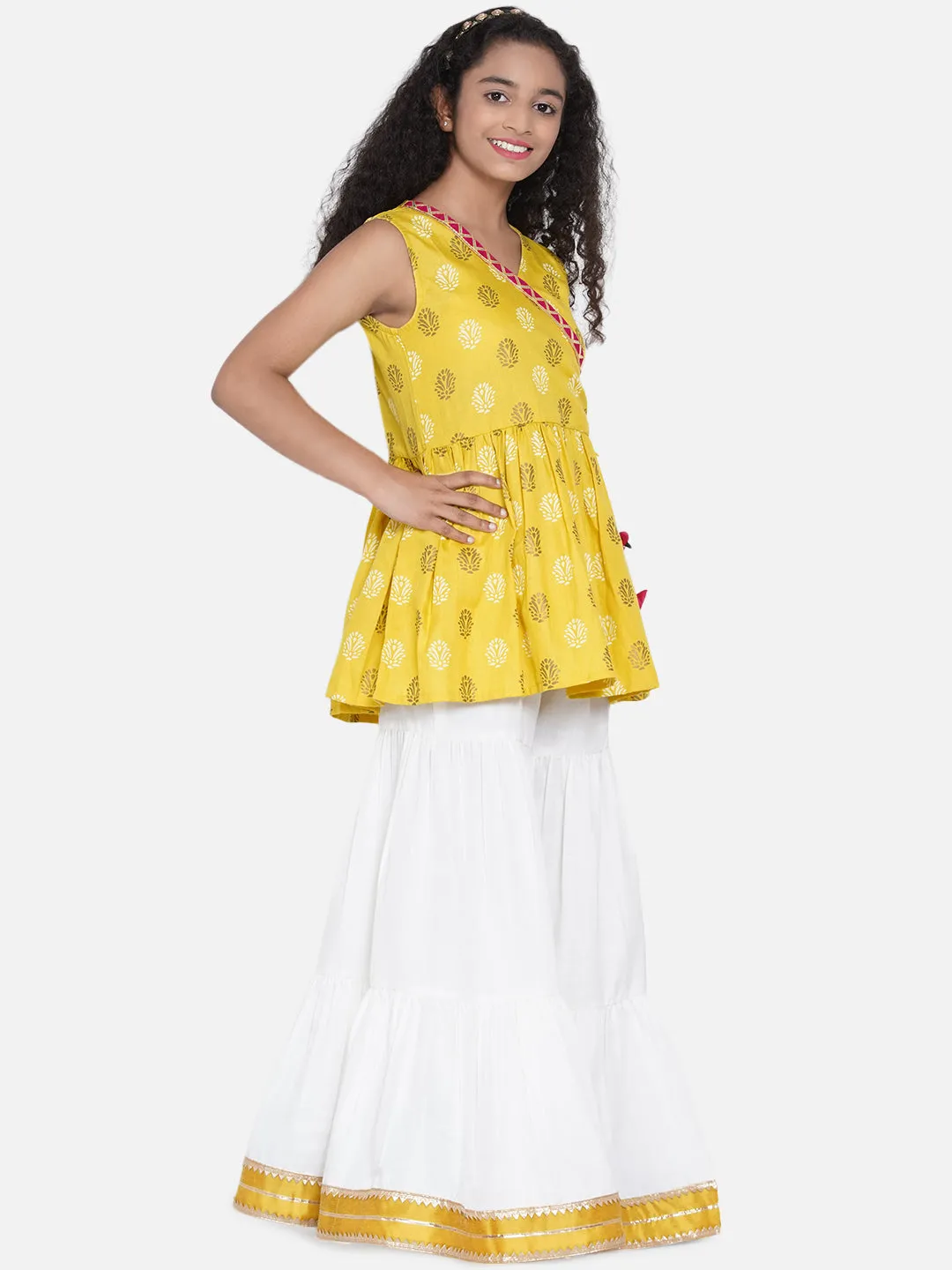 Jashvi Mustard & Off White Printed Kurta With Sharara