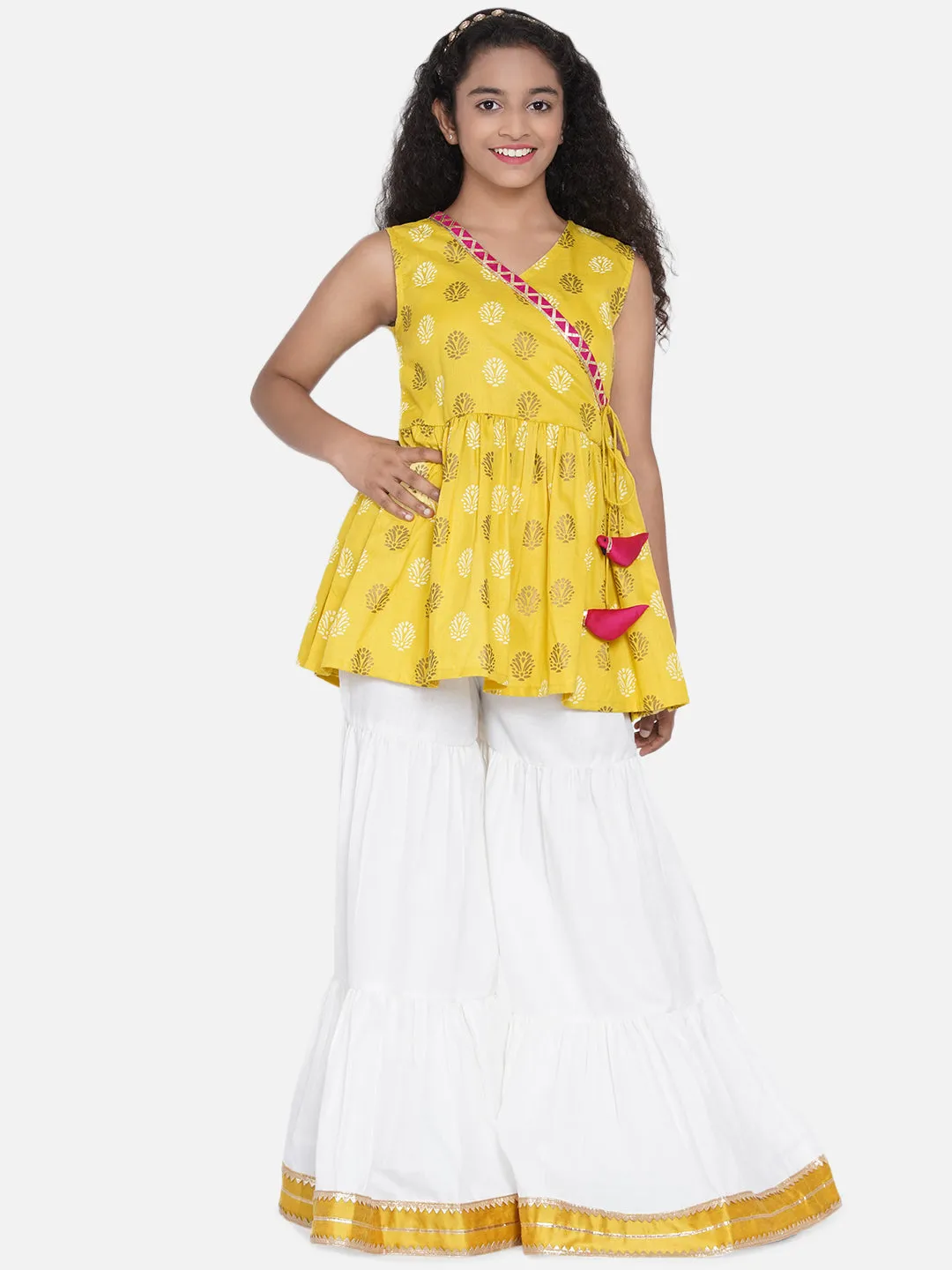 Jashvi Mustard & Off White Printed Kurta With Sharara