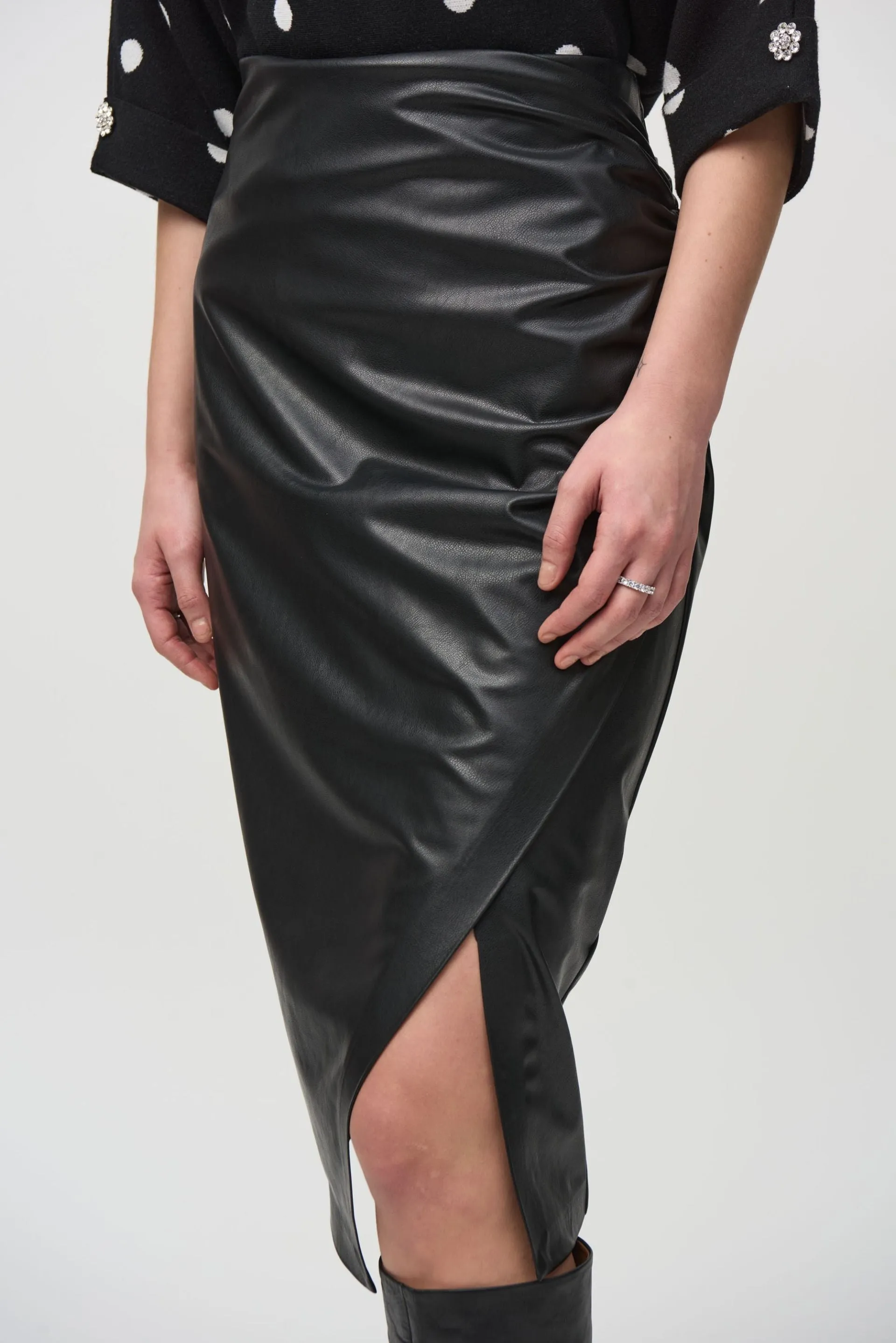 Joseph Ribkoff Black Faux Leather High-Waist Midi Pencil Skirt 244115