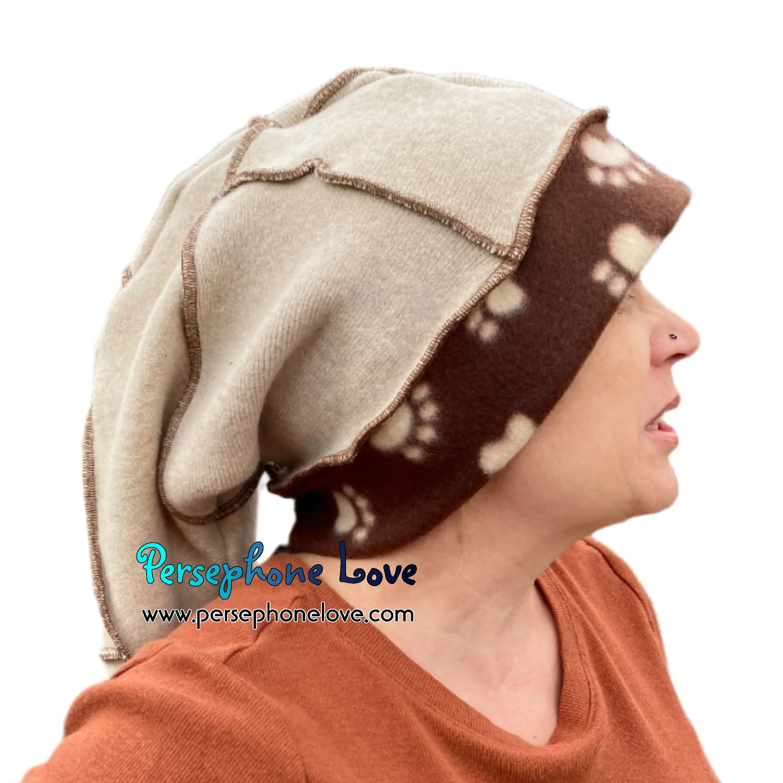 Katwise inspired beige 100% cashmere/fleece patchwork elf jester hat-1716