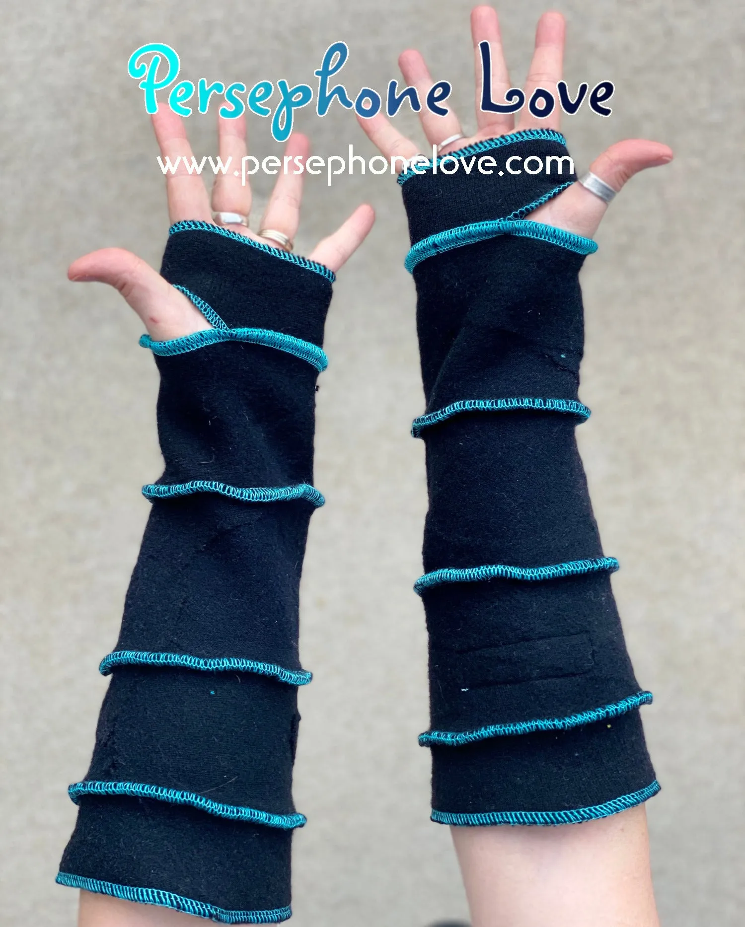 Katwise inspired needle-felted black 100% cashmere cyberpunk upcycled sweater arm warmers-1424