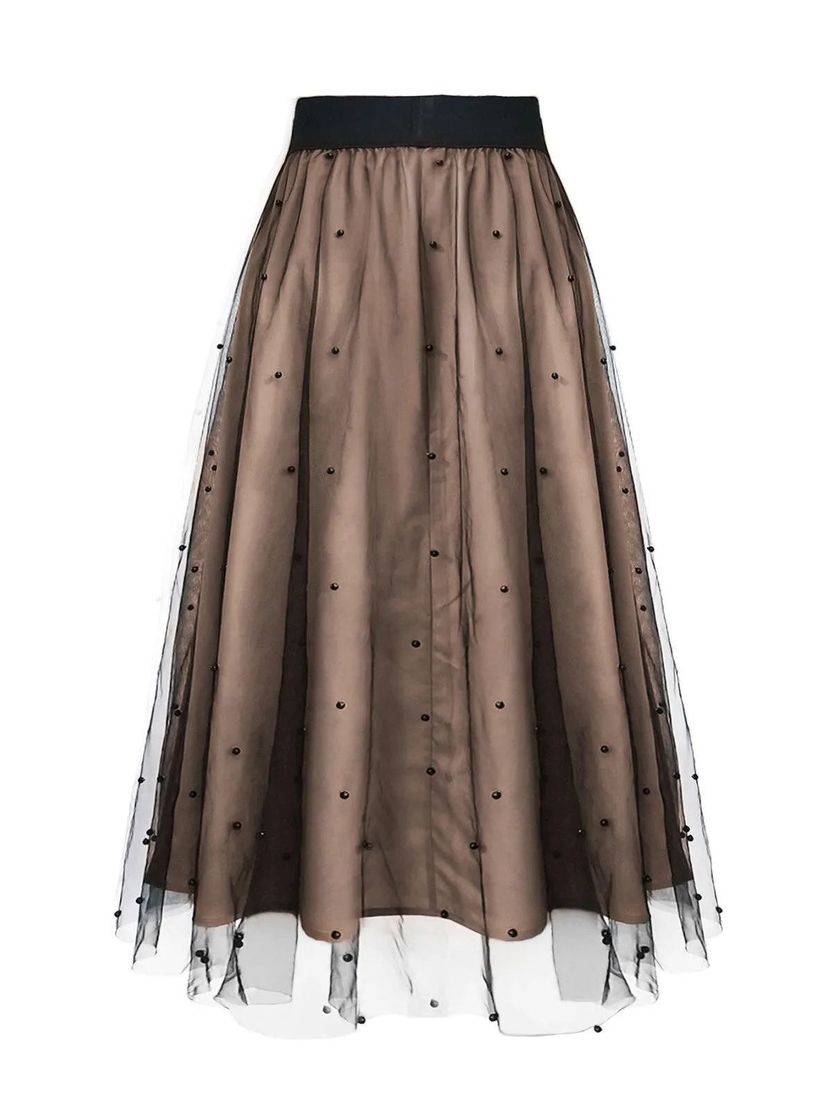 Khaki 1950s Beading Mesh Swing Skirt