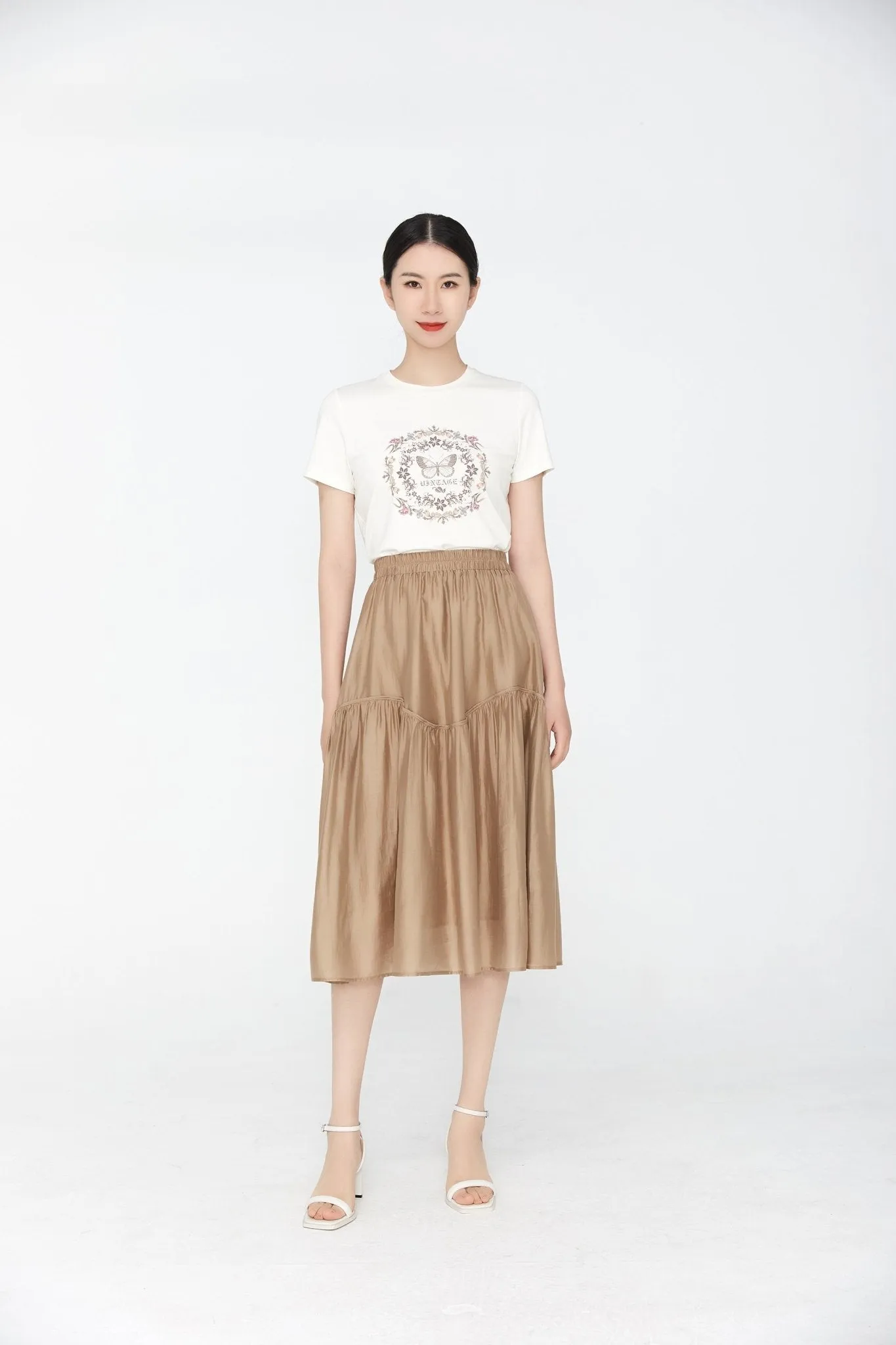 Khaki Grey Wavy Luster Midi Skirt