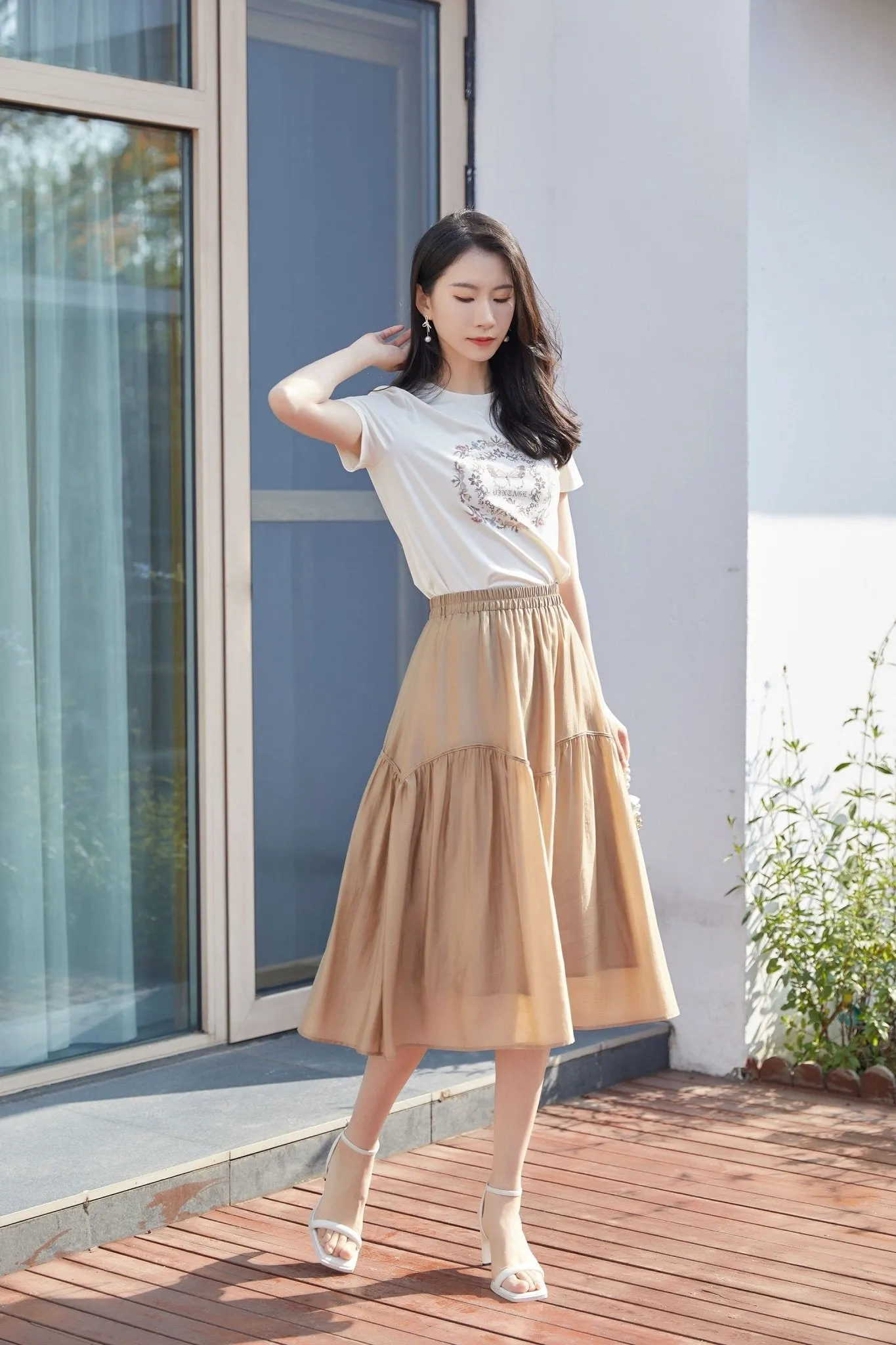 Khaki Grey Wavy Luster Midi Skirt