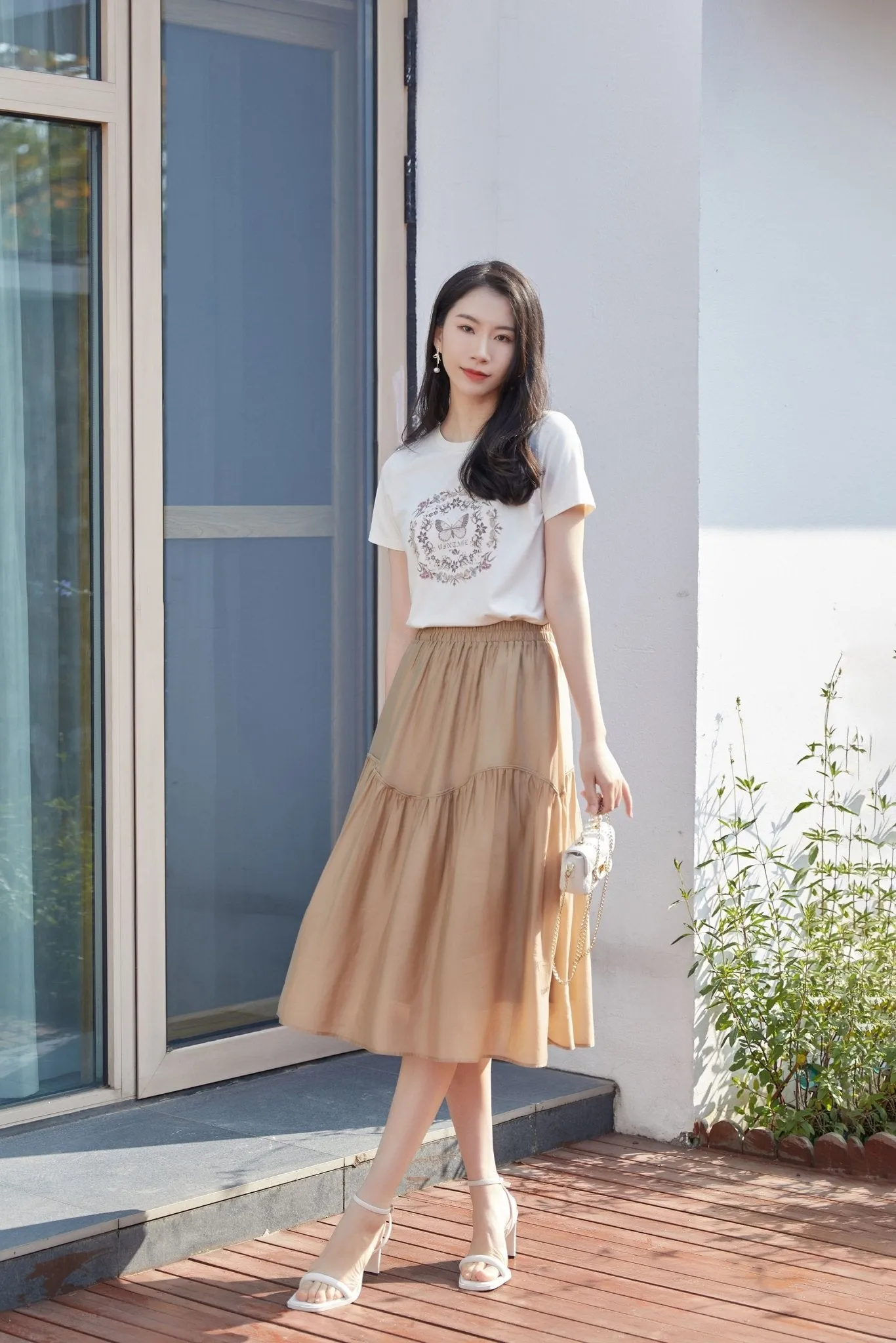 Khaki Grey Wavy Luster Midi Skirt