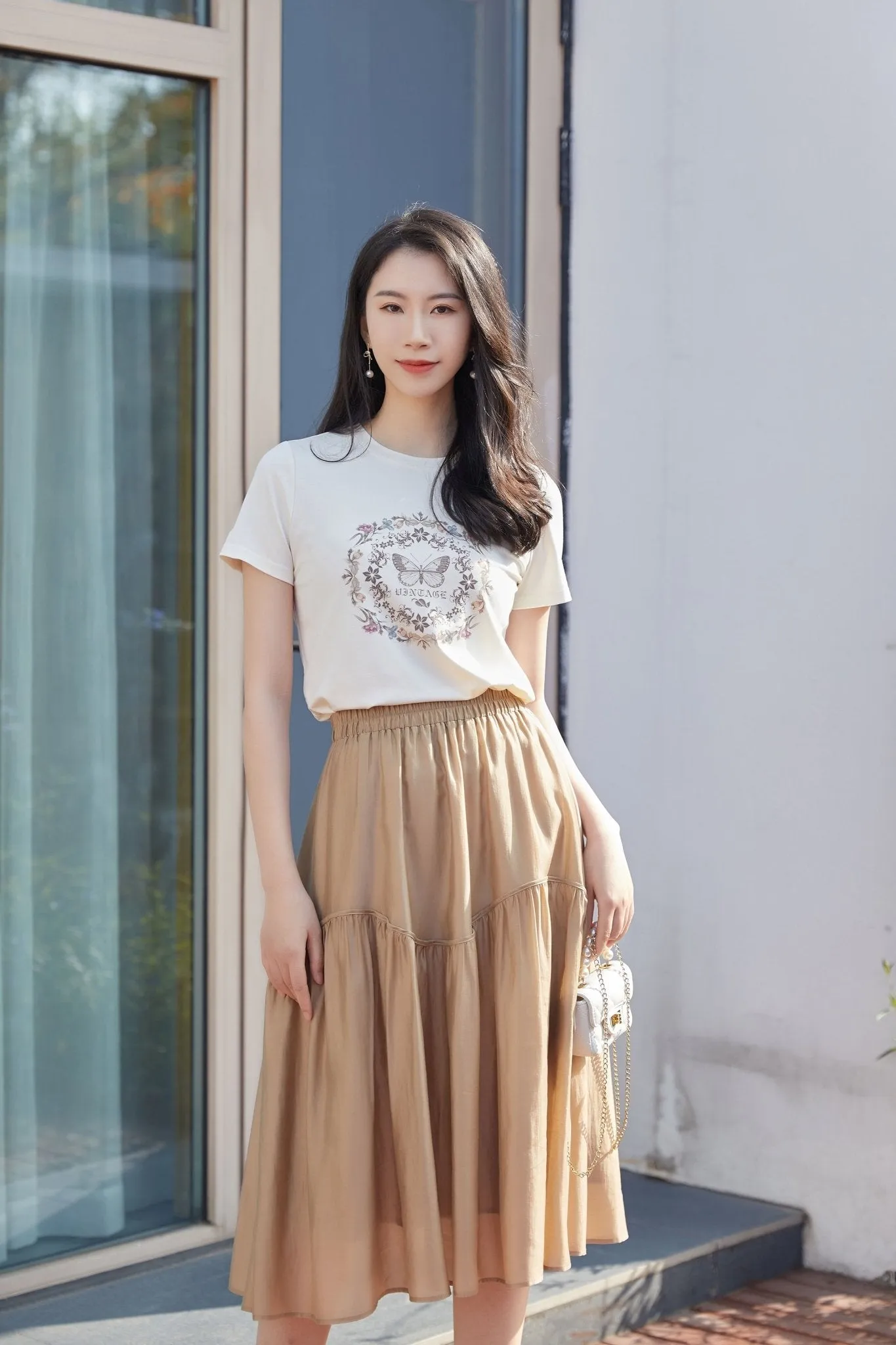 Khaki Grey Wavy Luster Midi Skirt