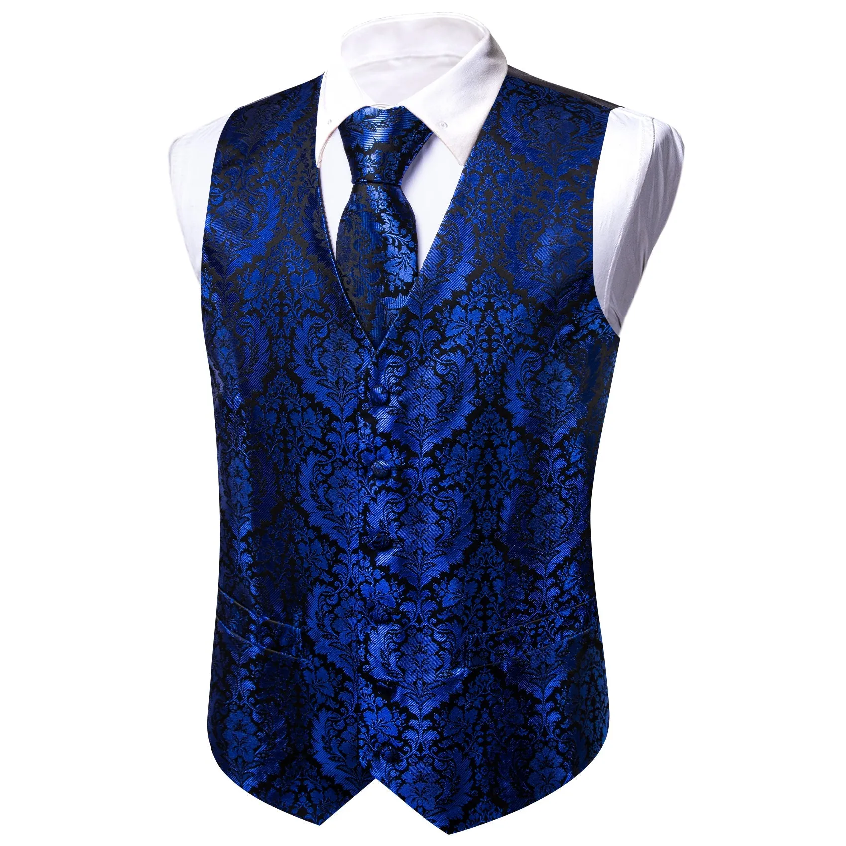 Klein Blue Floral Silk Men's Vest Hanky Cufflinks Tie Set