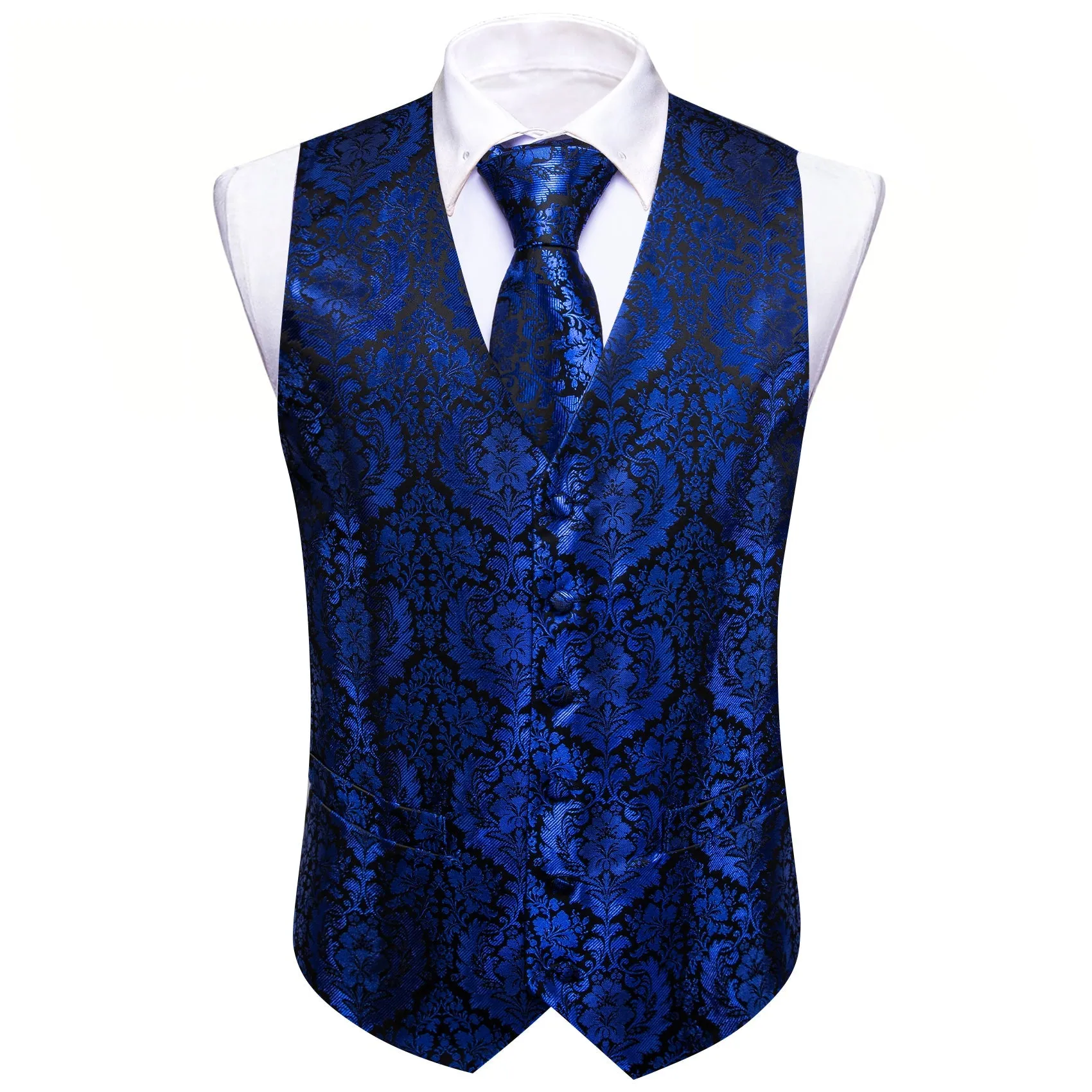 Klein Blue Floral Silk Men's Vest Hanky Cufflinks Tie Set