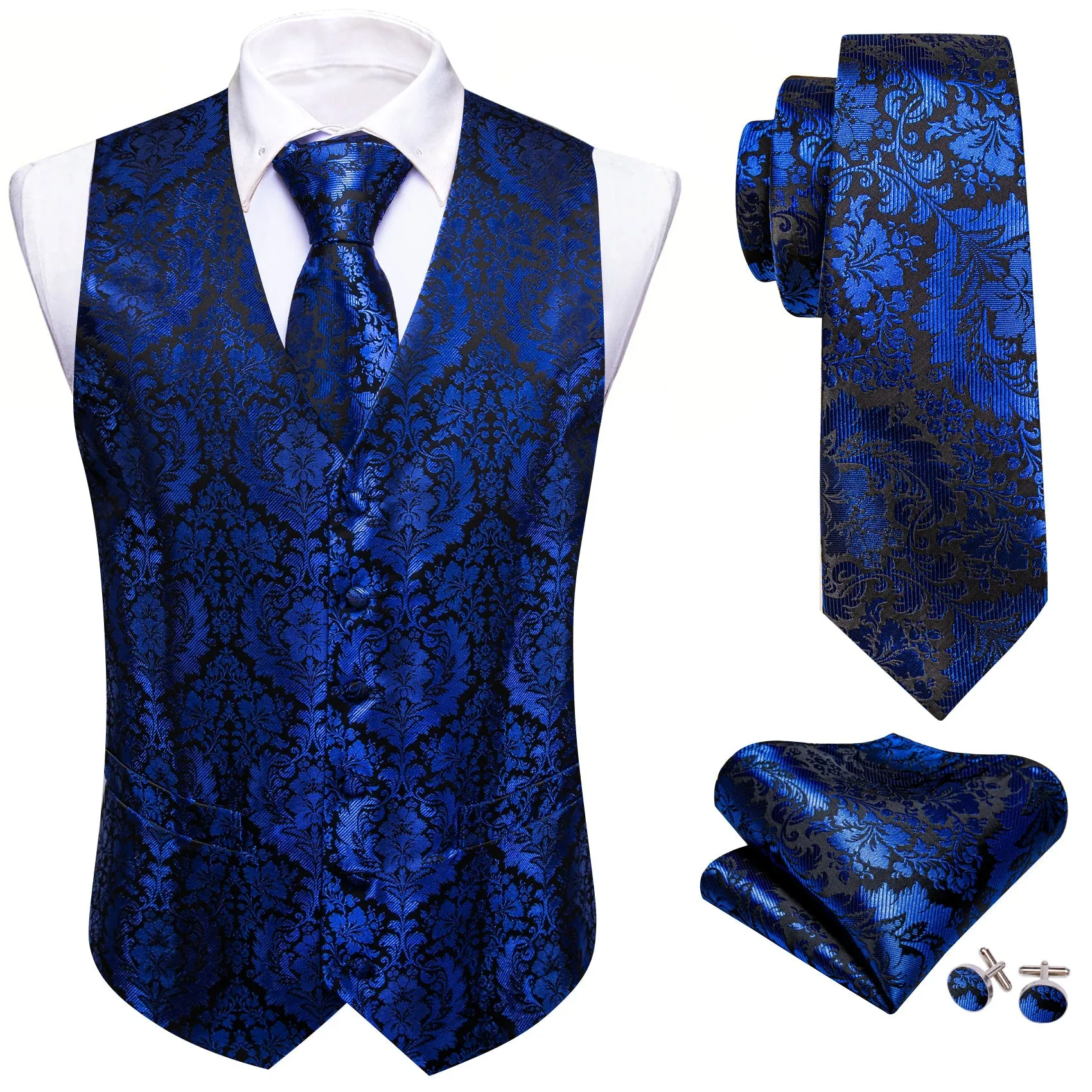 Klein Blue Floral Silk Men's Vest Hanky Cufflinks Tie Set