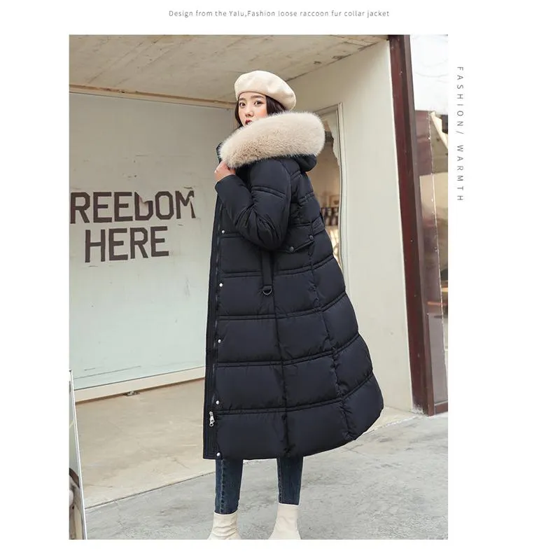 Knee-Length Thickened Fur Collar Puffer Coat